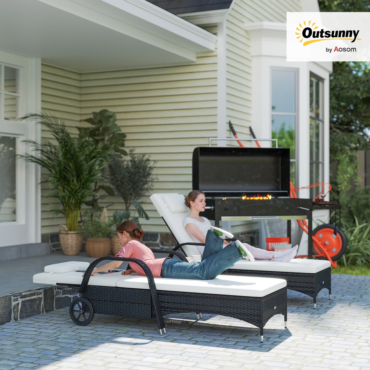 2 Seater Rattan Sun Lounger Set with Side Table