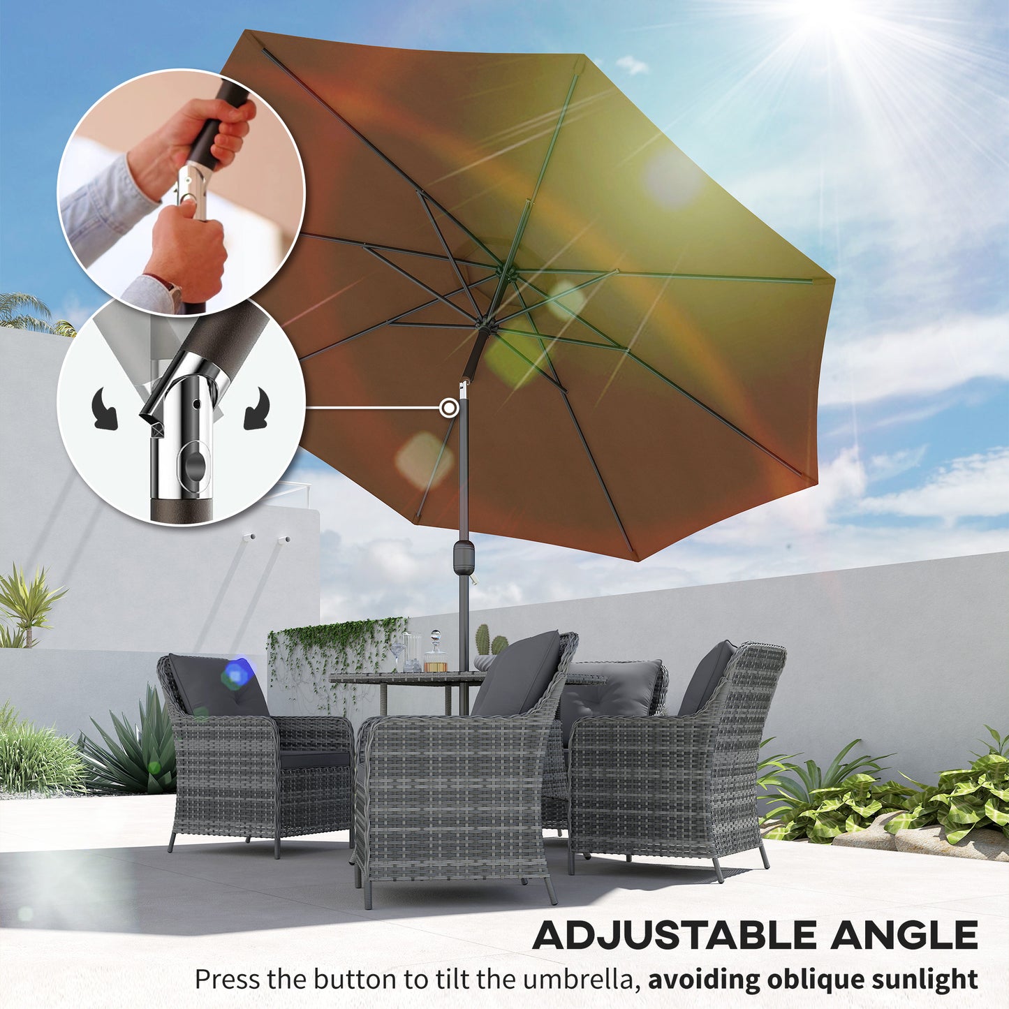 3(m) Tilting Parasol Garden Umbrellas, Outdoor Sun Shade with 8 Ribs
