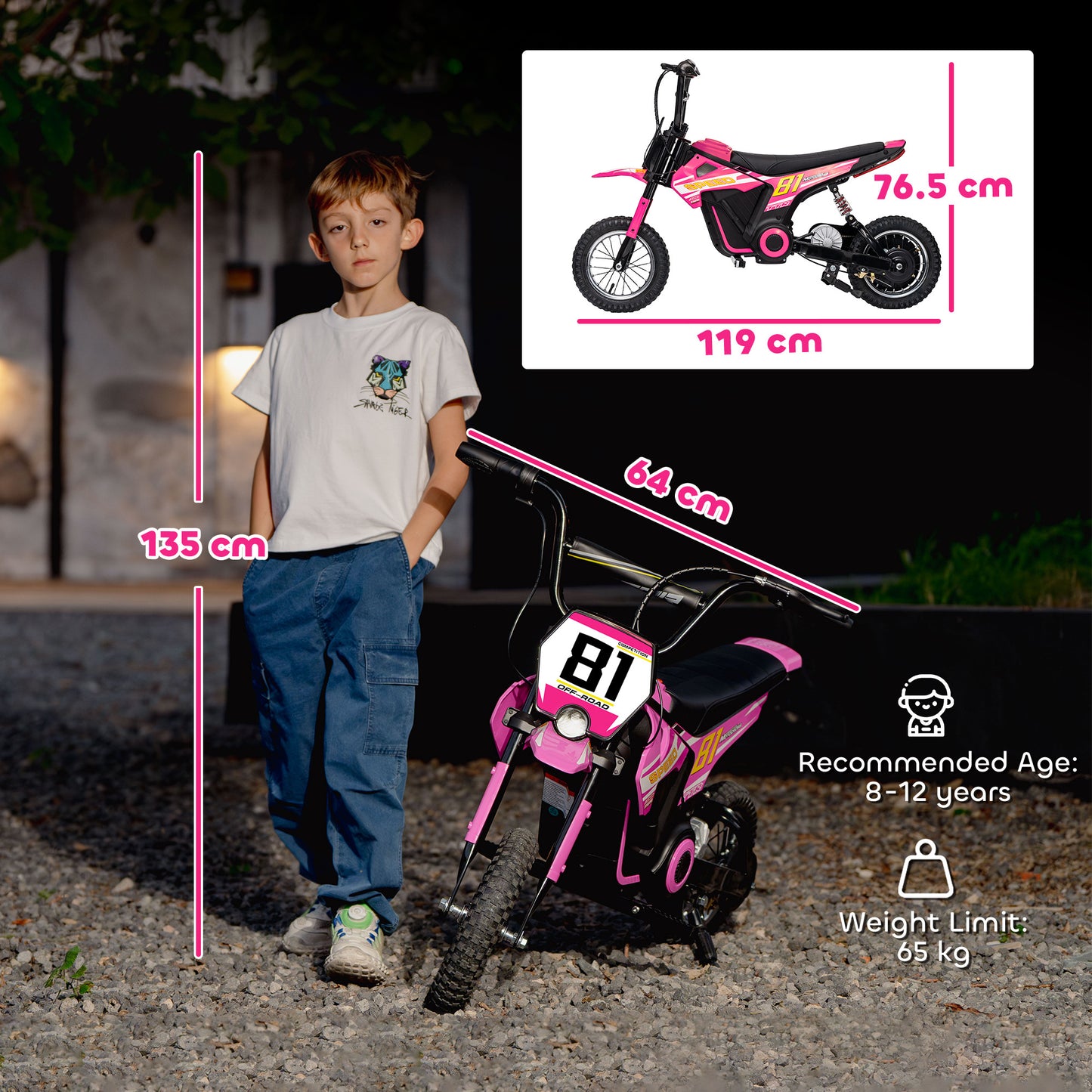 Kids Electric Motorbike, 24V Ride On Motorcycle with 3 Speeds