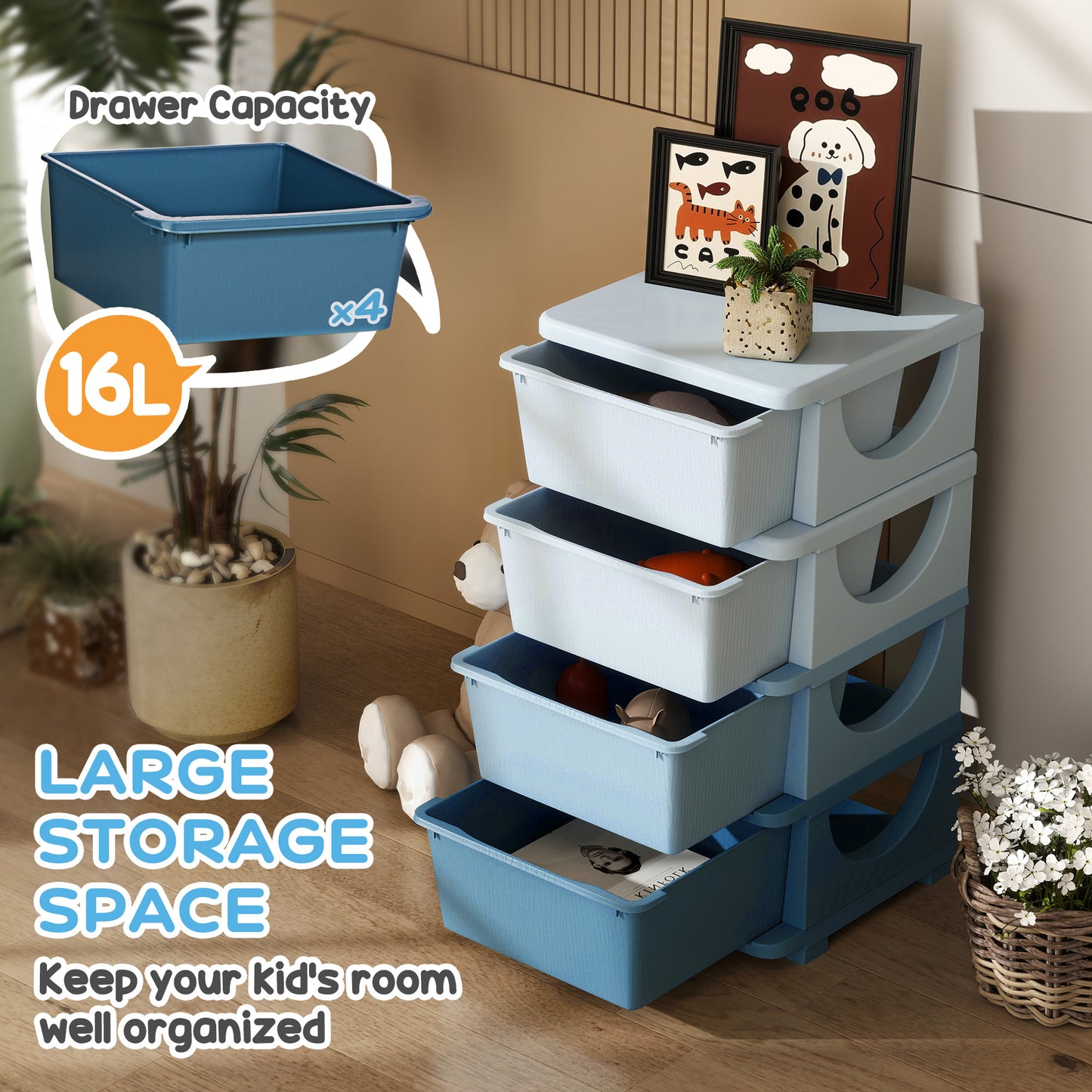 Four-Tier Kids Storage Boxes, with Four Drawers