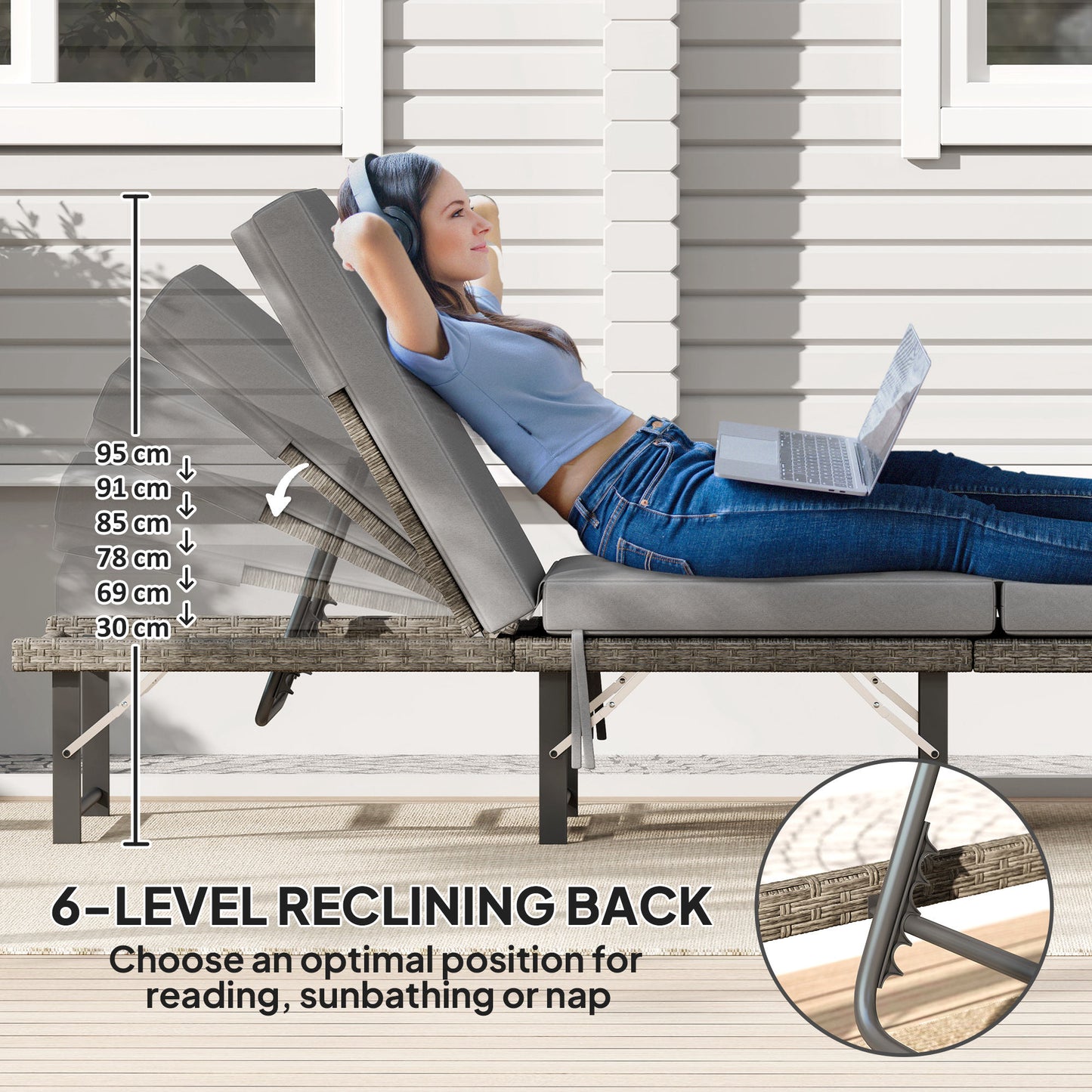 Single Folding Rattan Sun Lounger, with Cushion