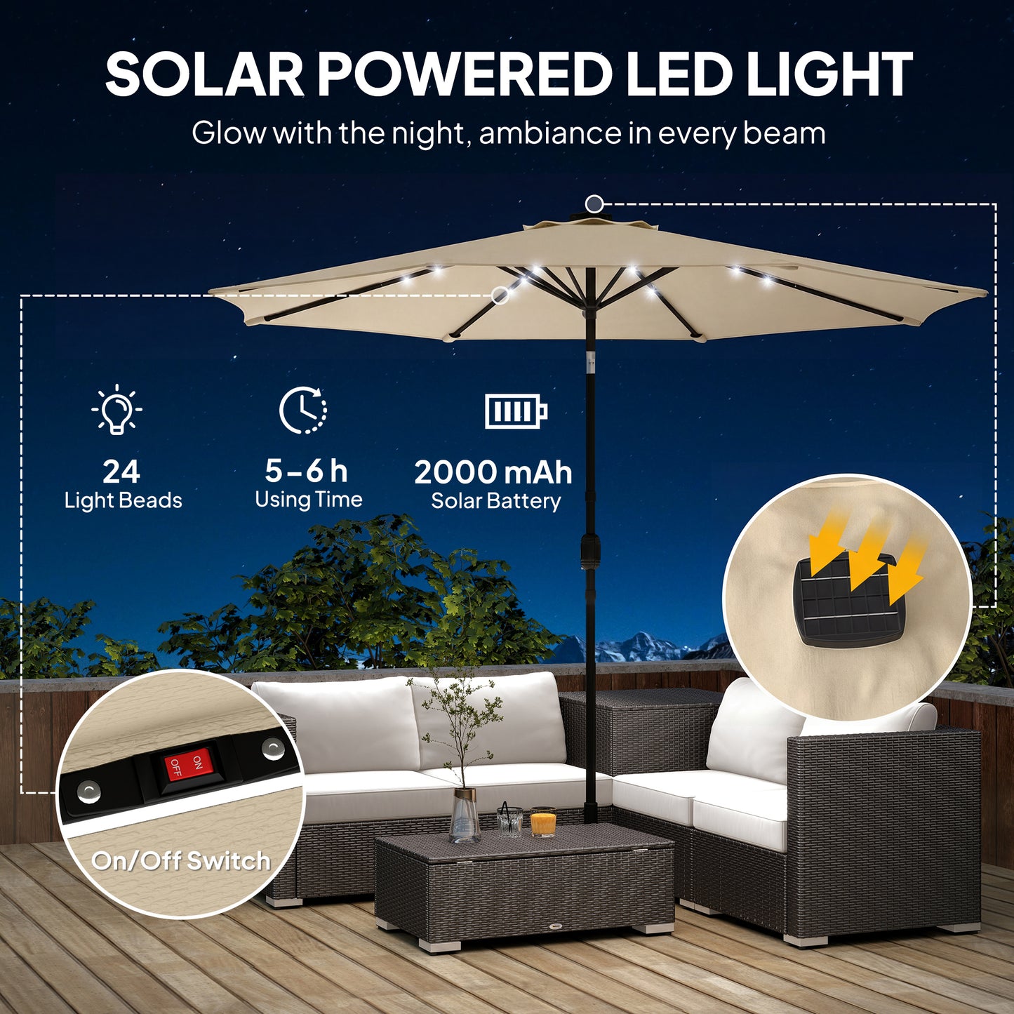 2.6 m Garden Parasol Umbrella with LED Solar Light, Parasol Cover