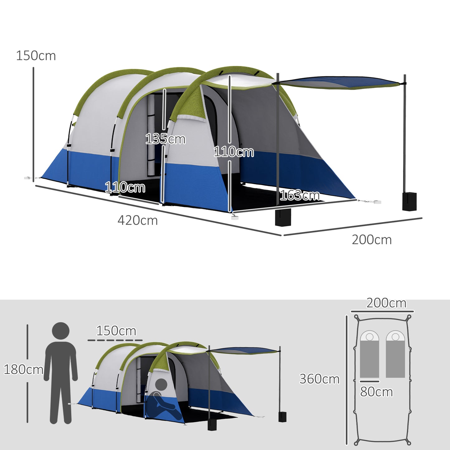 Three Man Two-Room Tent, with Porch and Accessories