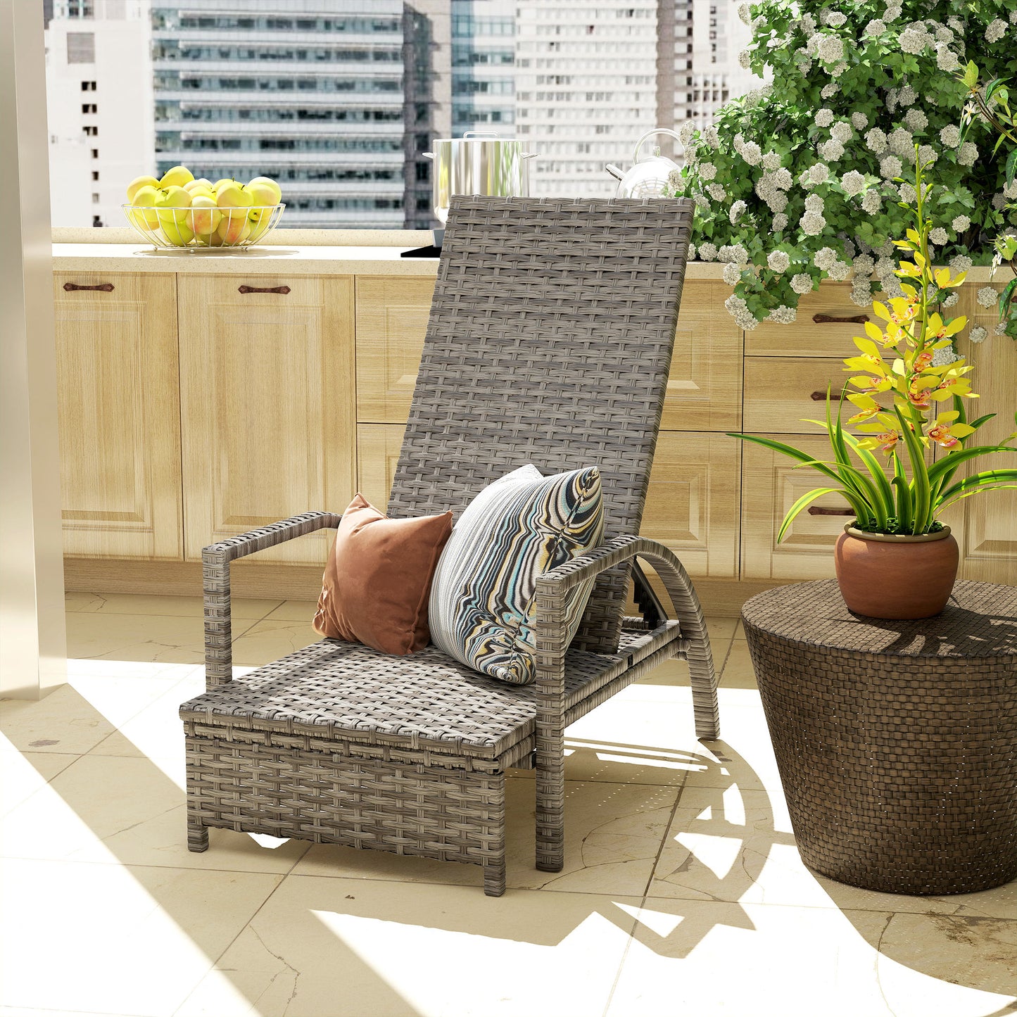 Reclining Rattan Lounger, with Extending Footrest