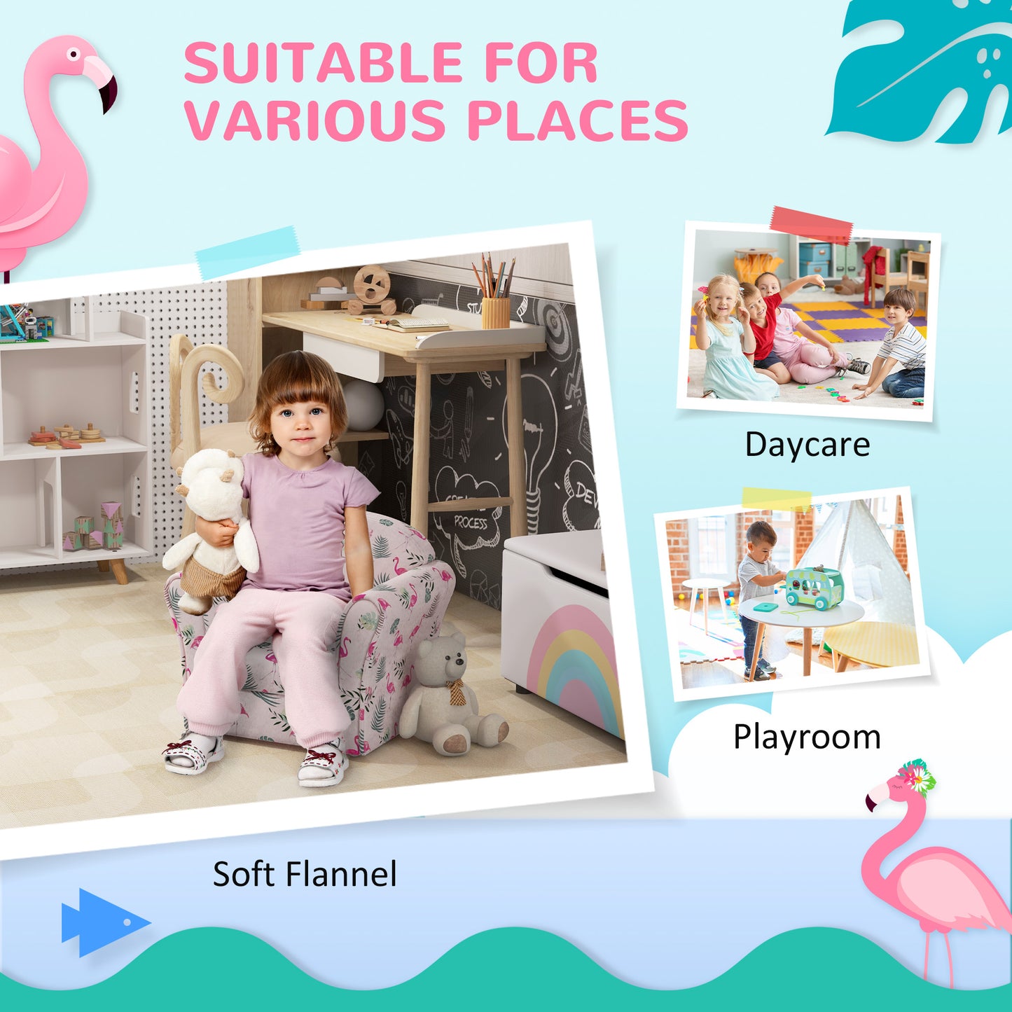 Kids Armchair with Flamingo Design, Wooden Frame, for Bedroom