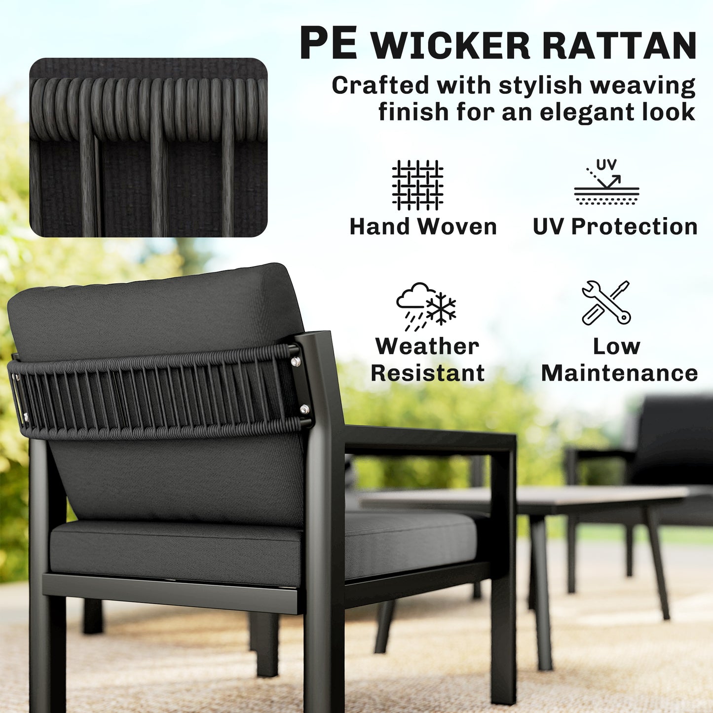4 Seater Rattan Garden Furniture Set with 2 Armchairs, Loveseat (2)