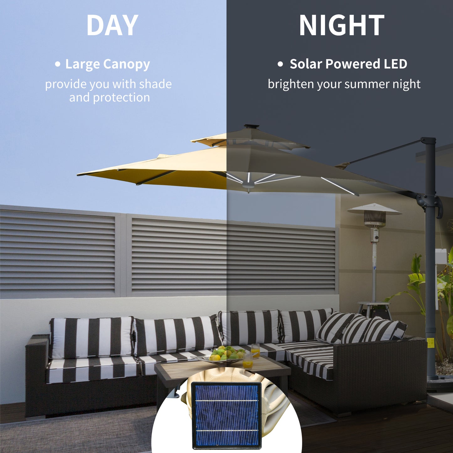 3m Cantilever Parasol with Solar Lights, Power Bank Base 360° Spin