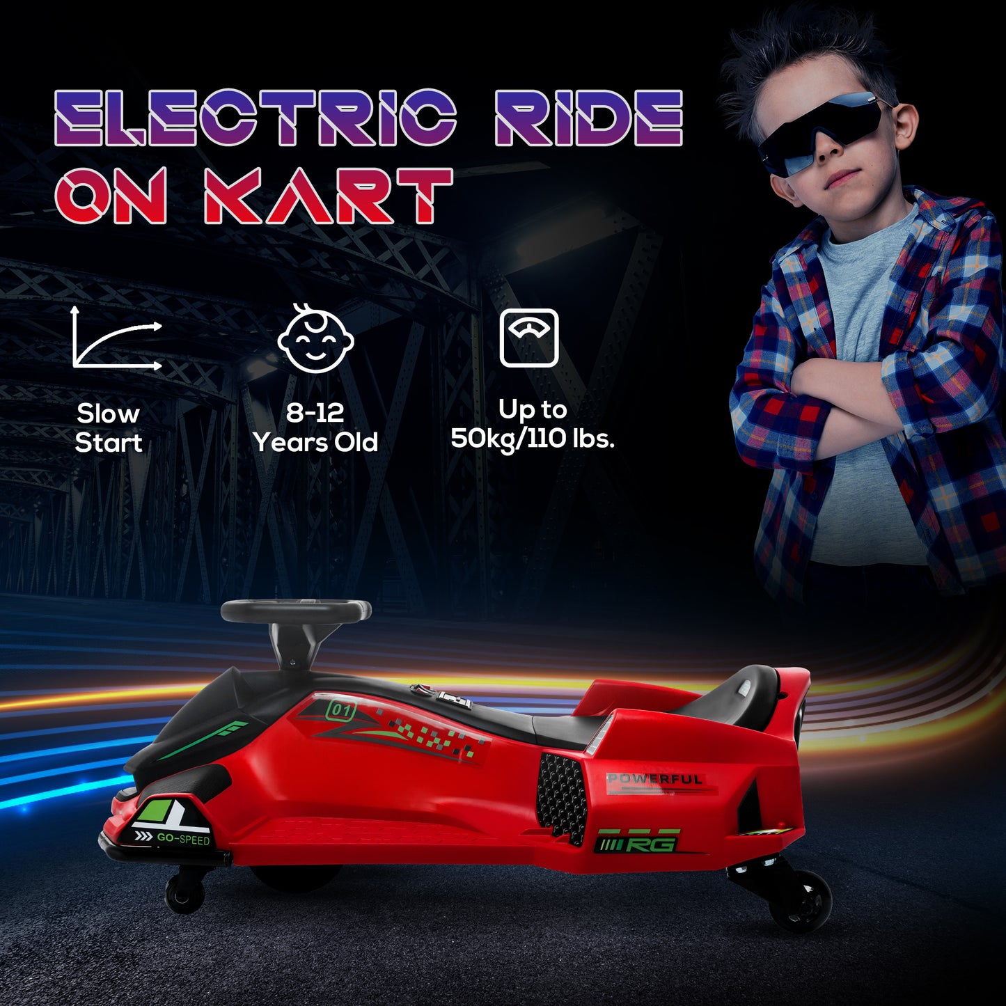 12V Kids Electric Go Kart with Music, LED Lights, Slow Start