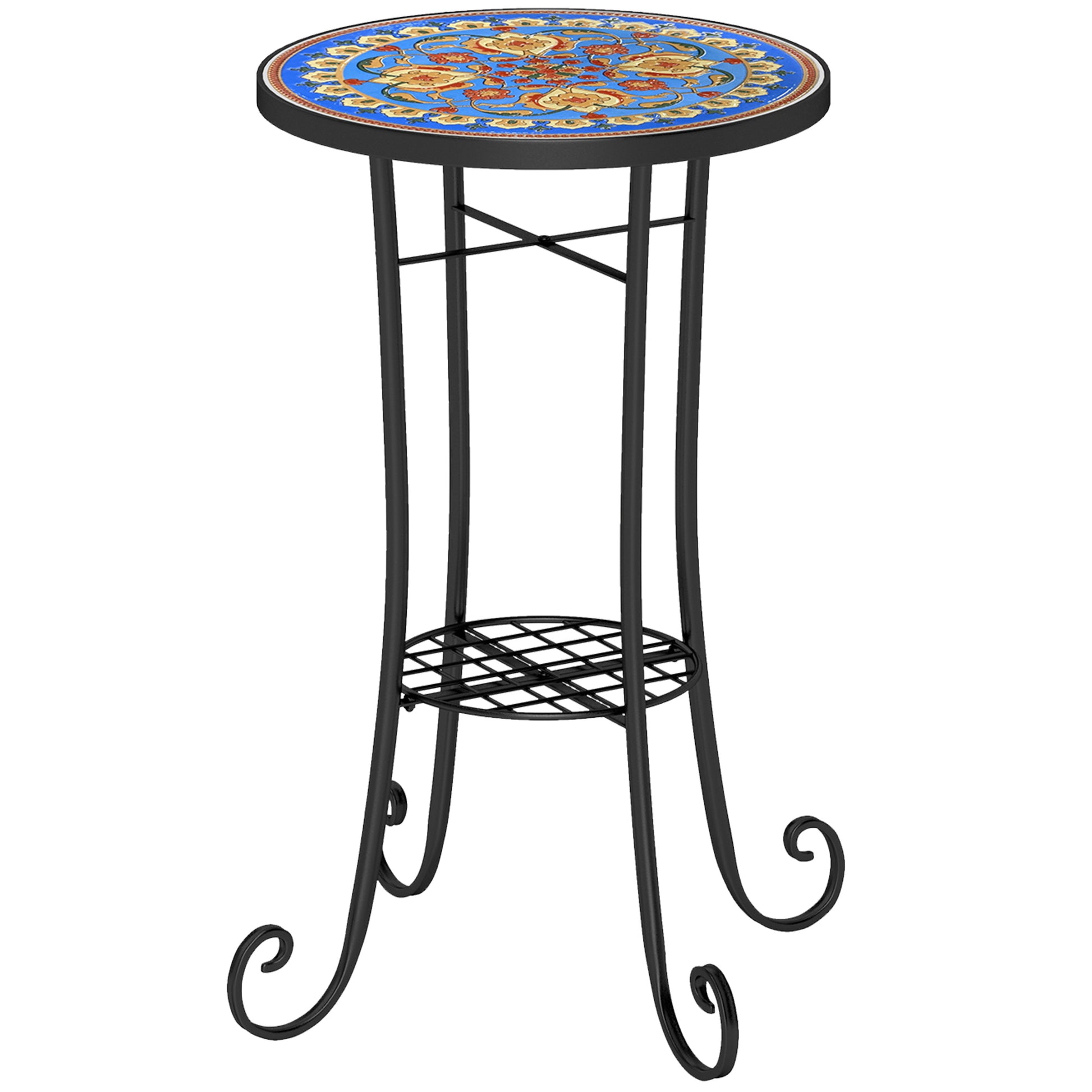 Mosaic Garden Table, 35.5 cm Round Outdoor Table with Shelf