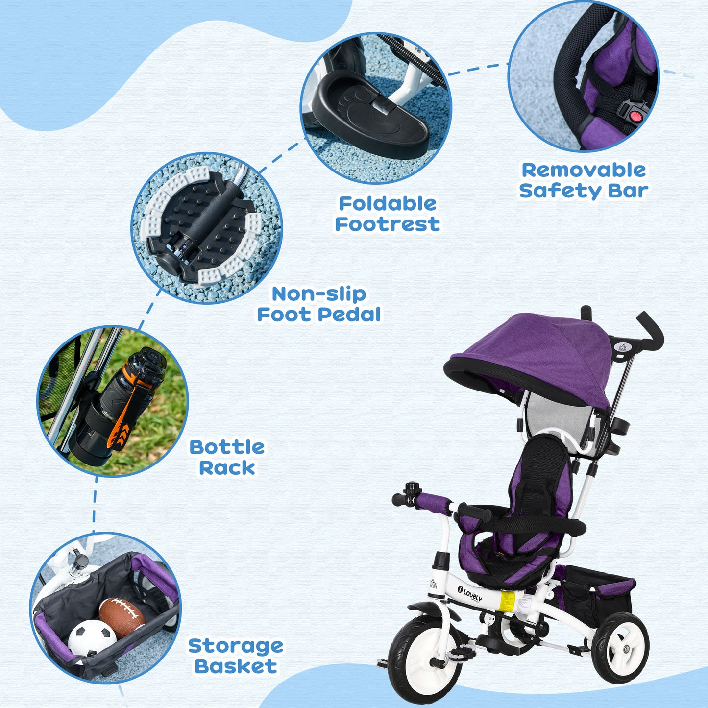 6 in 1 Kids Trike Push Bike w/ Push Handle, Canopy