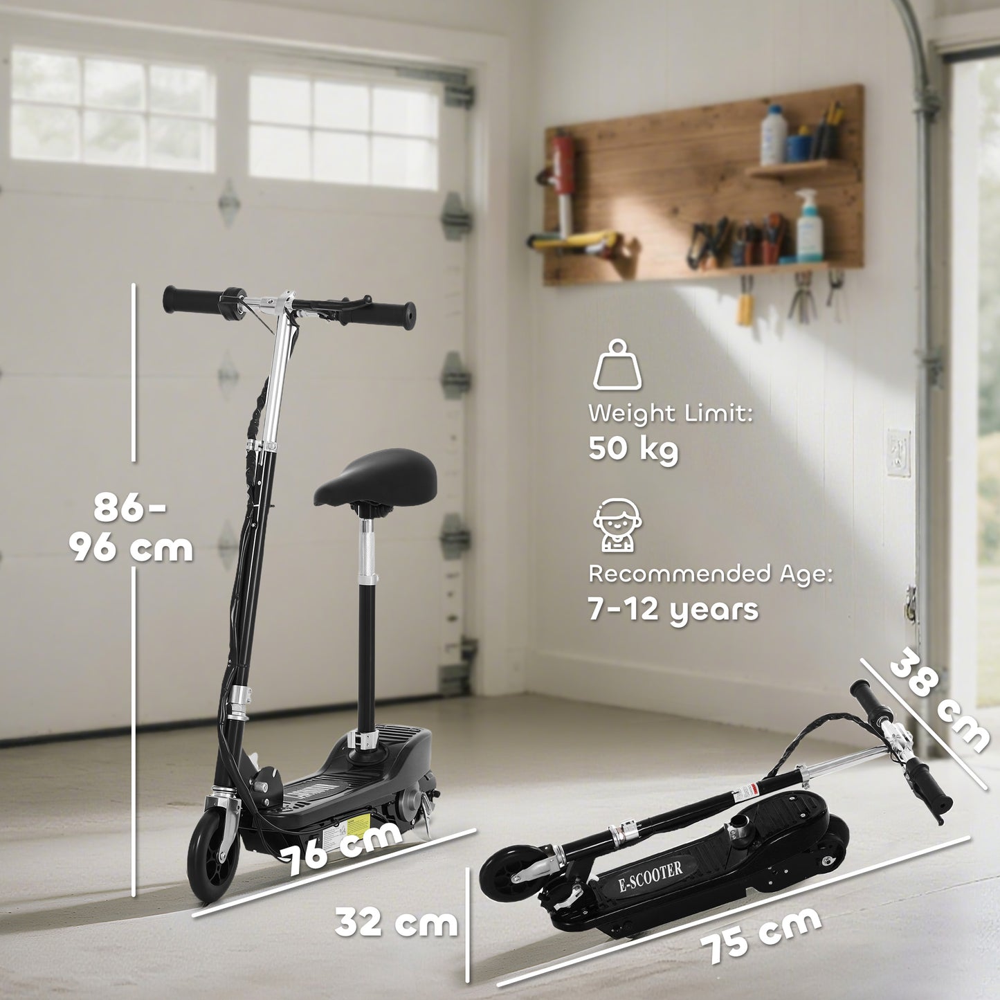Powered Electric Scooter Ride-On, with Brakes, Adjustable Seat