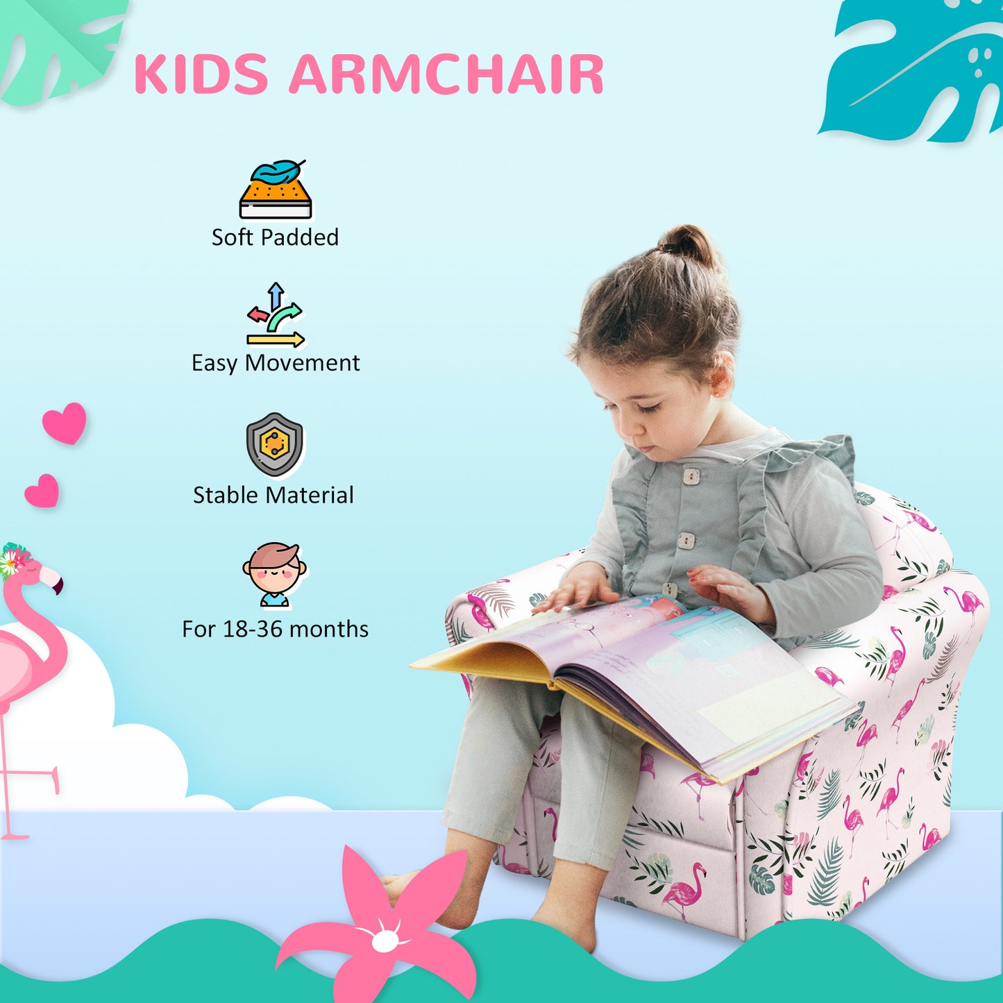 Kids Armchair with Flamingo Design, Wooden Frame, for Bedroom