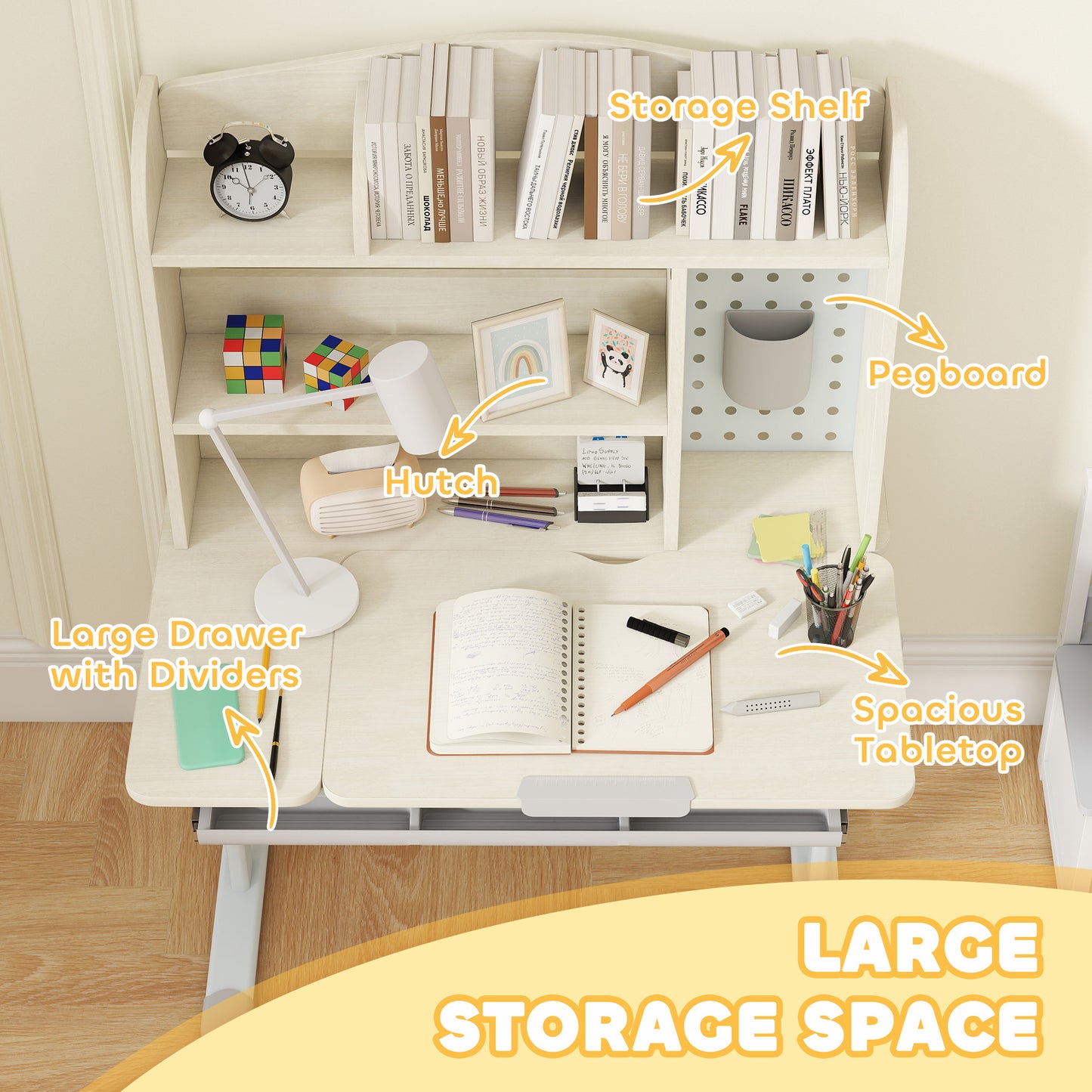 Kids Desk Height Adjustable with Tilt-Desktop, Hutch, Drawer