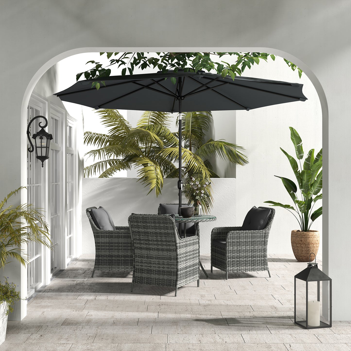 4 Seater Rattan Dining Set with Parasol & Cushions