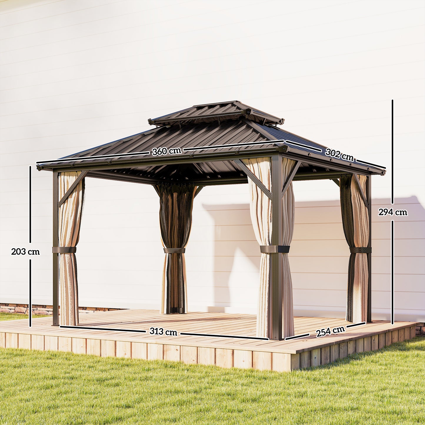 3x3 m Hardtop Gazebo Canopy with UPF50+ Double Galvanised Steel Roof