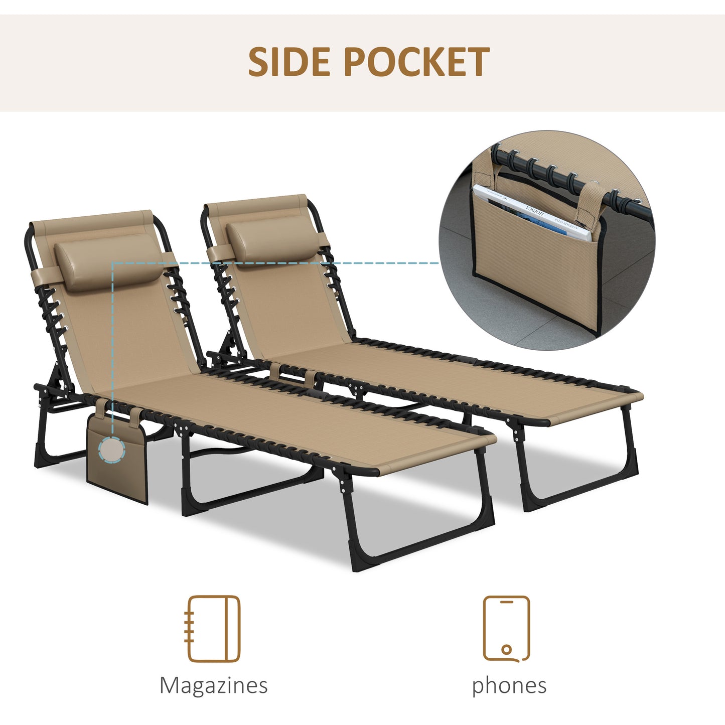 Portable Sun Lounger Set of 2, Folding Camping Bed Cot
