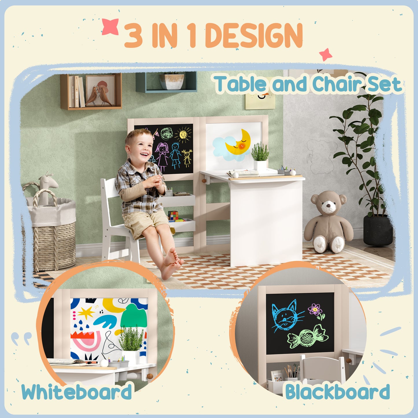 3 in 1 Kids Table and Chair Set with Storage, Whiteboard