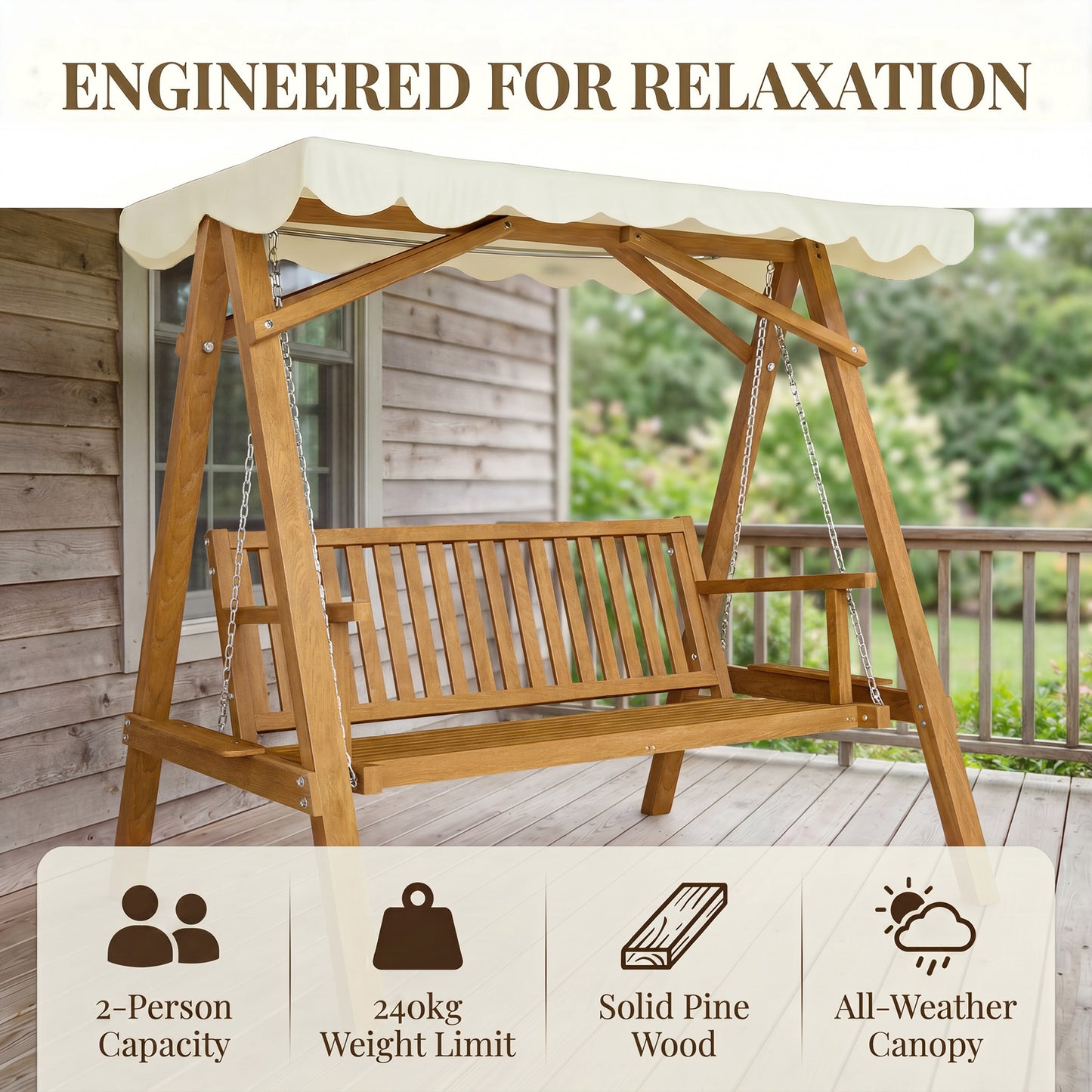 2 Seater Garden Swing Seat with Canopy, Wooden Swing Chair