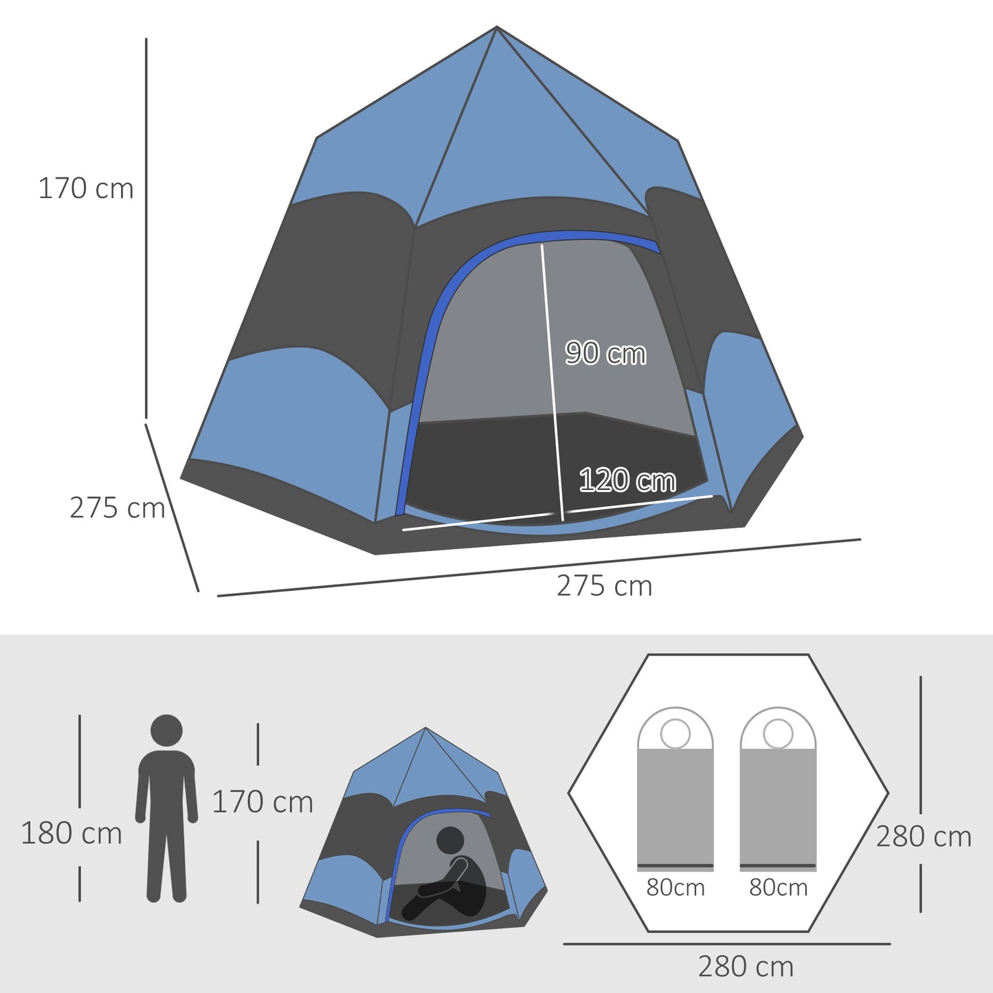 Six Man Hexagon Camping Tent with Hang Hook and Carry Bag - Blue and