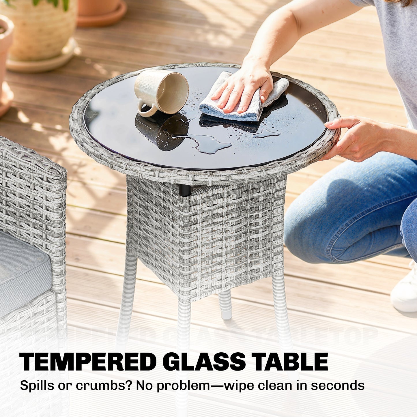 Rattan Bistro Set, Reclining Garden Chairs and Glass Coffee Table