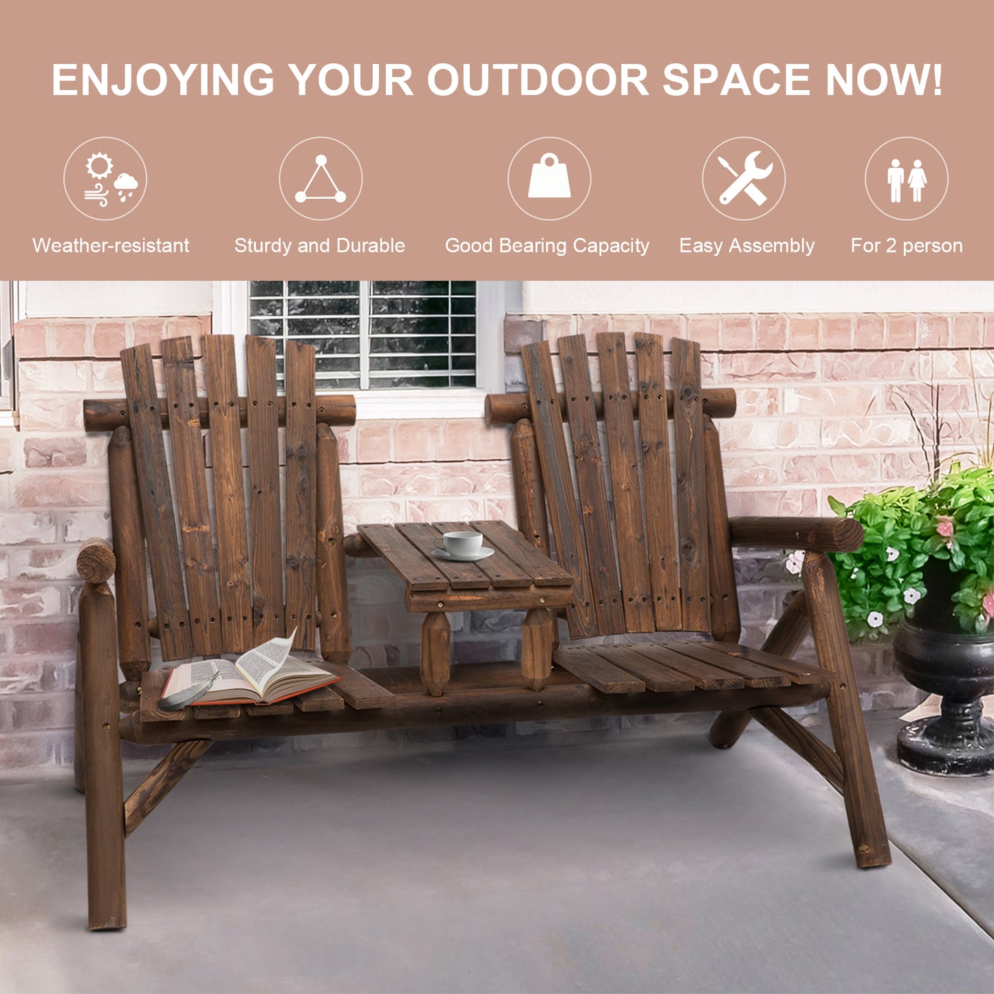 Wood Patio Chair Bench 2 Seats Jack