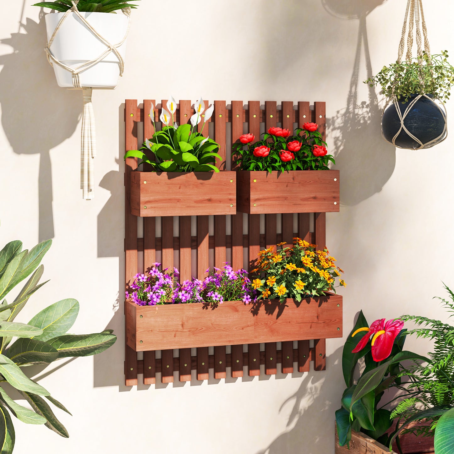 Wall-mounted Wooden Garden Planters with Trellis