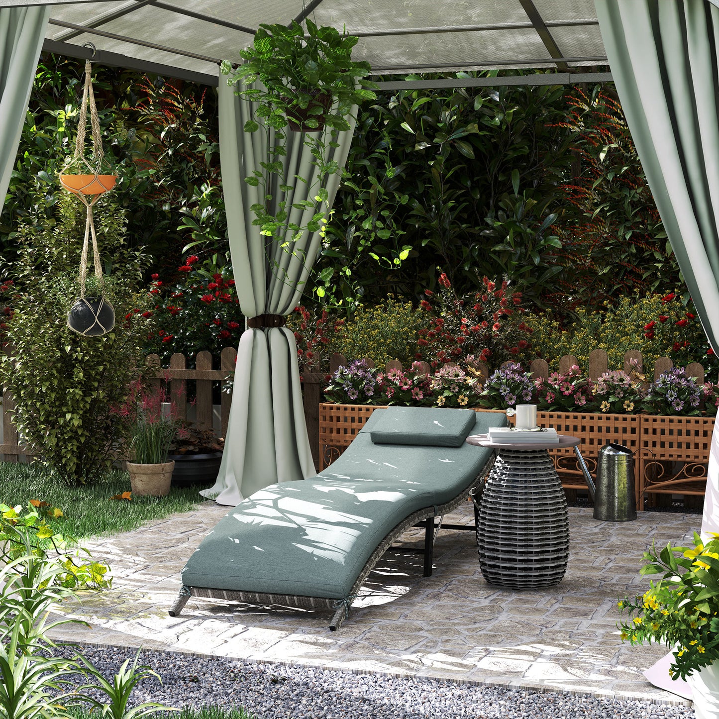 Rattan Folding Sun Lounger Outdoor Chair with Cushion and Pillow