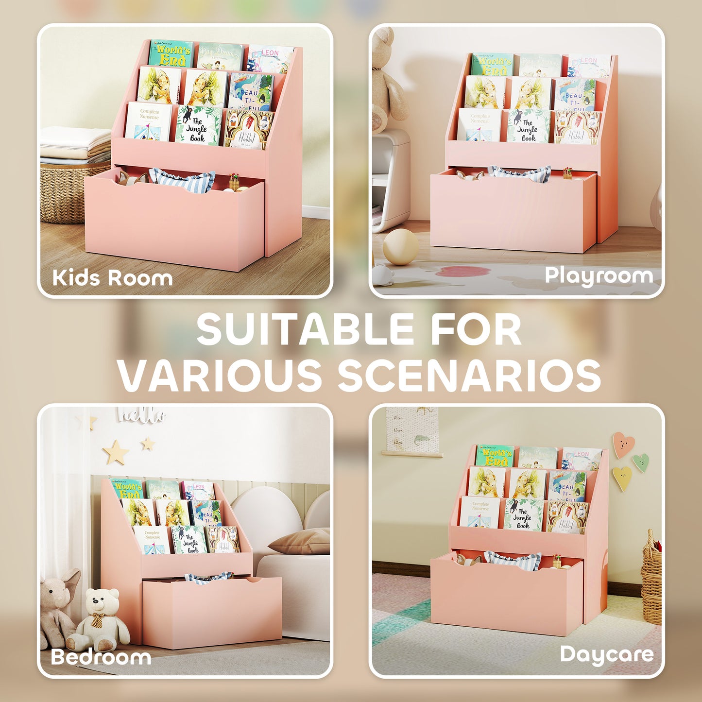 Bookcase for Kids with Shelves, Drawer, Bookcase for Bedroom, Playroom