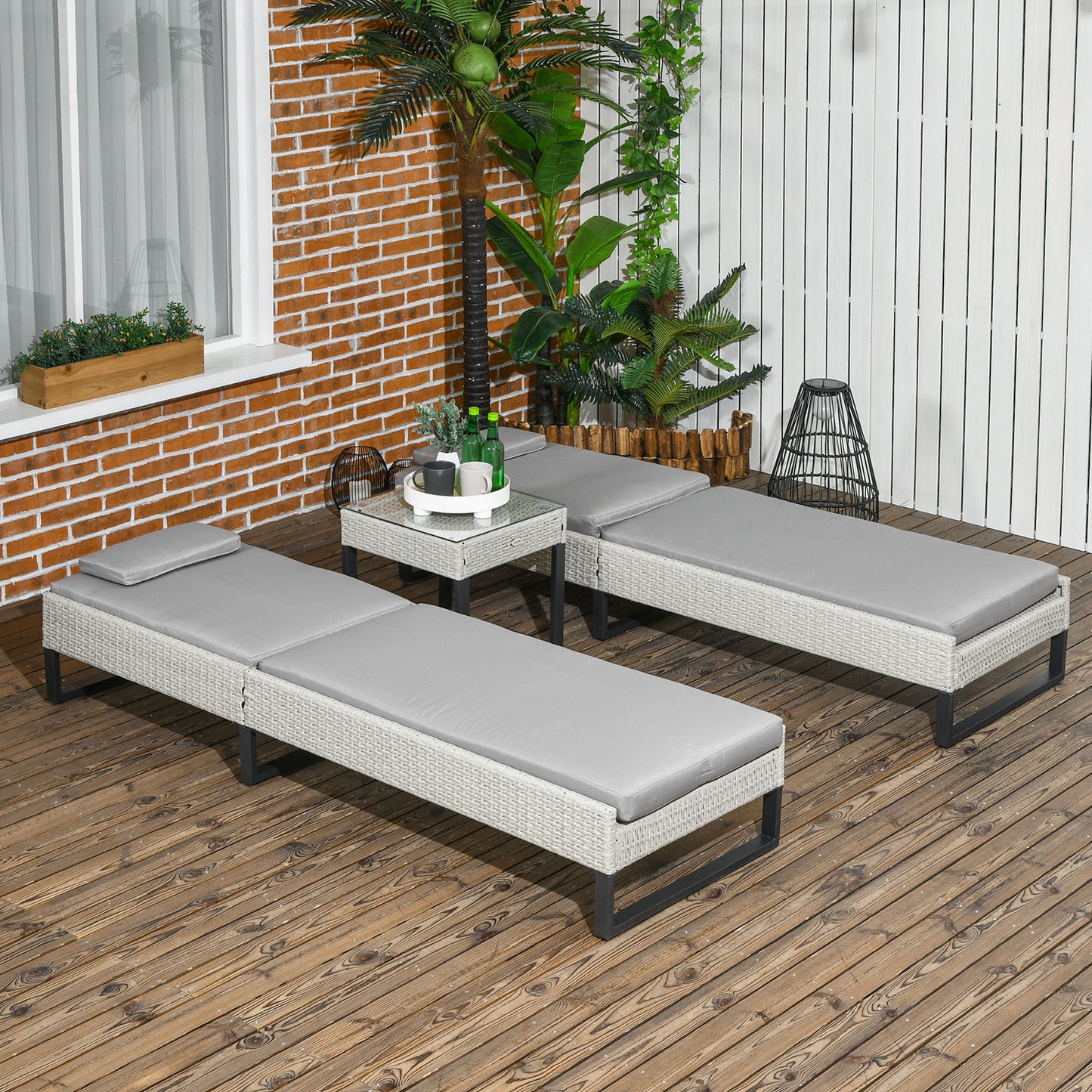 3-piece PE Rattan Sun Lounger Set