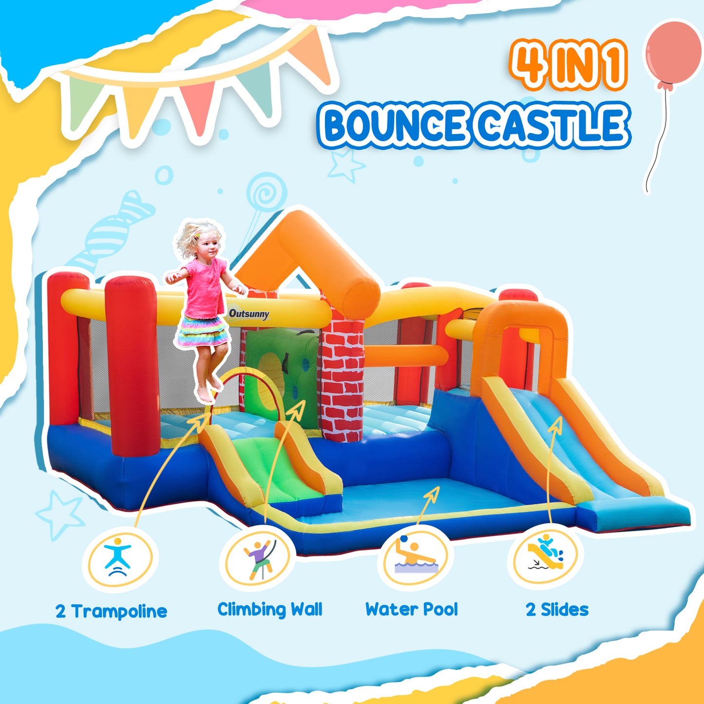 4 in 1 Kids Bouncy Castle Extra Large Double Slides & Trampoline