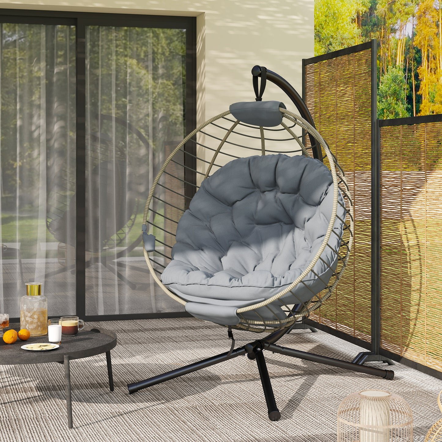PE Rattan Swing Chair, Outdoor Hanging Chair with Metal Stand