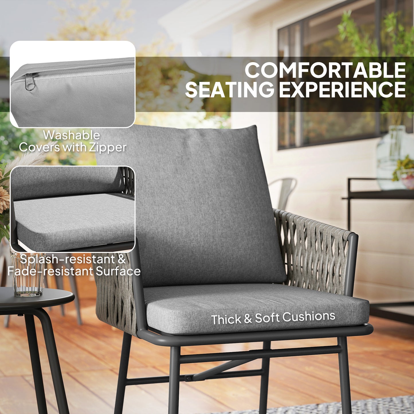 3-Piece Rattan Bistro Set, Garden Table and Chairs with 4 Cushions