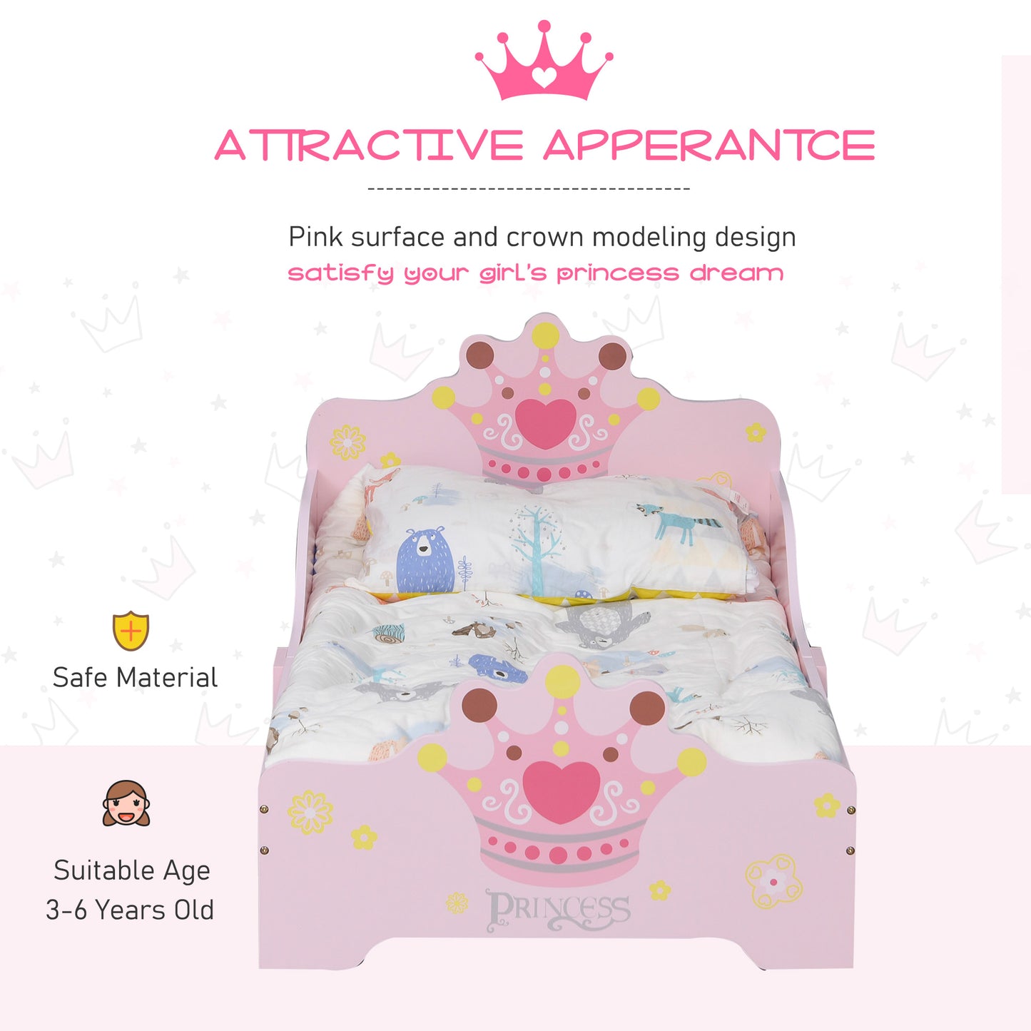 Kids Toddler Bed Princess Crown Theme Safety Side Rails Slats Home