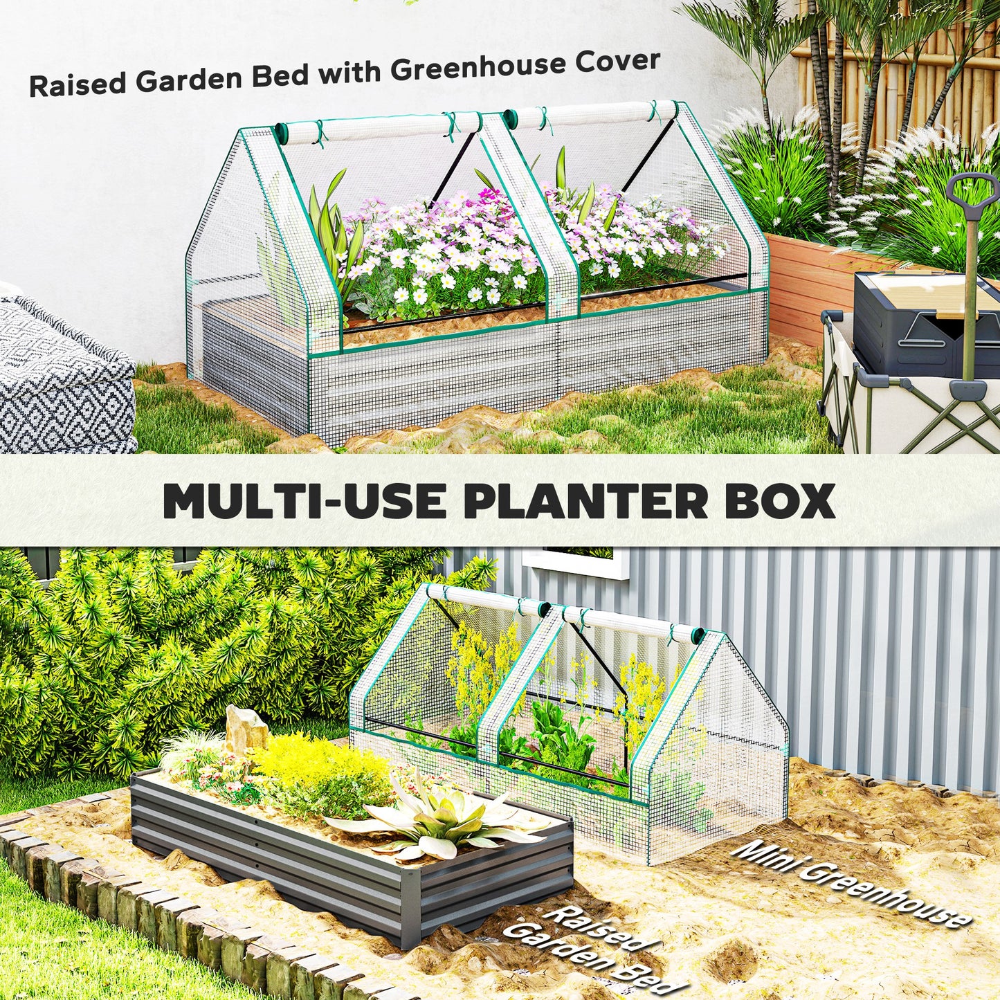Metal Planter Box with Cover, Raised Garden Bed with Greenhouse (1)