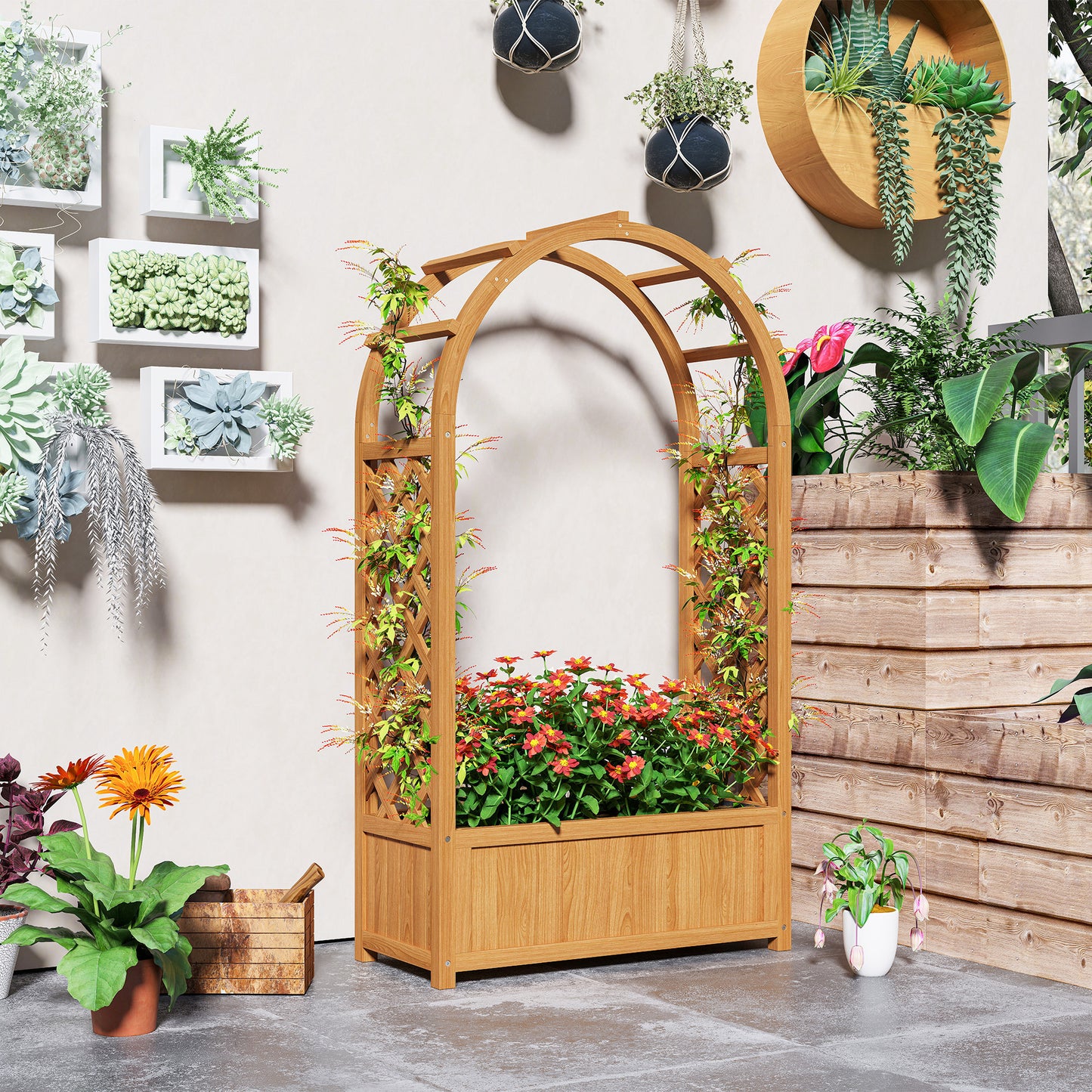 Wooden Raised Garden Bed with Trellis, Liner, Drainage Holes