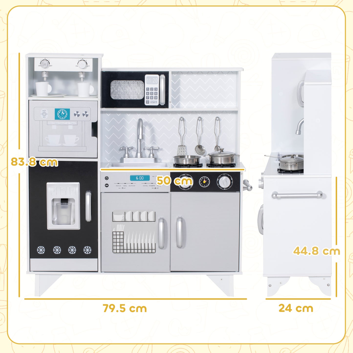 Kids Play Kitchen with Sound, Ice/Coffee Maker, Utensils, Microwave