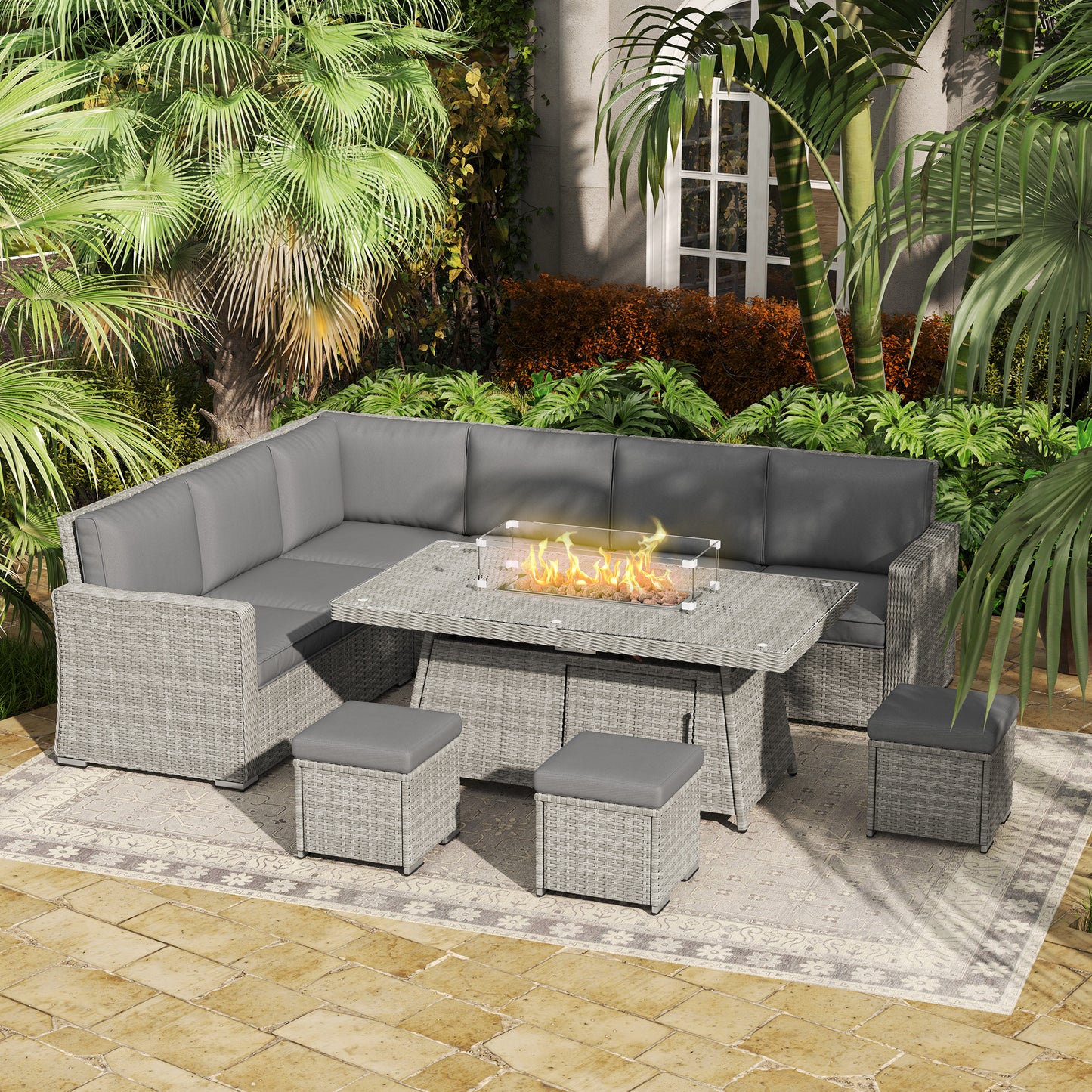 Seven-Piece Firepit Table Rattan Sofa Set