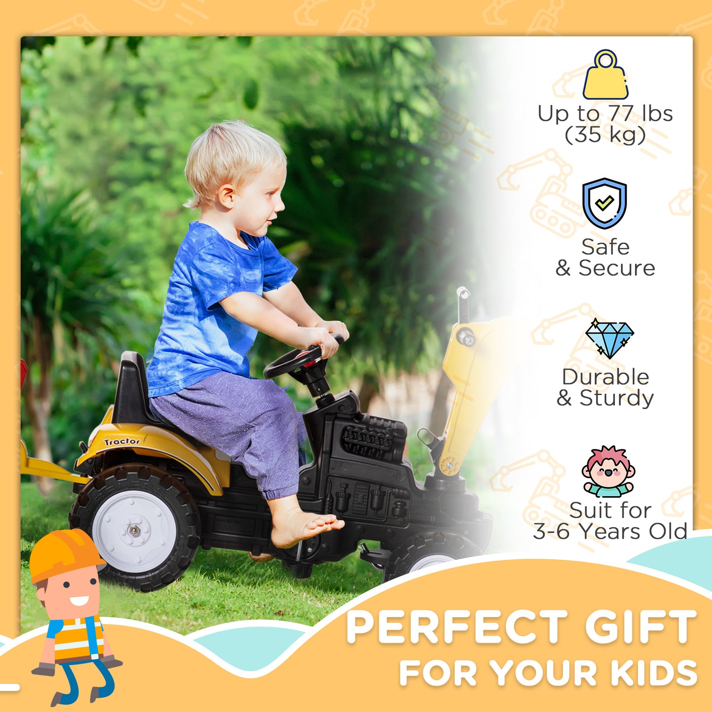 Kids Ride-On Construction Car, with Horn and Detachable Trailer