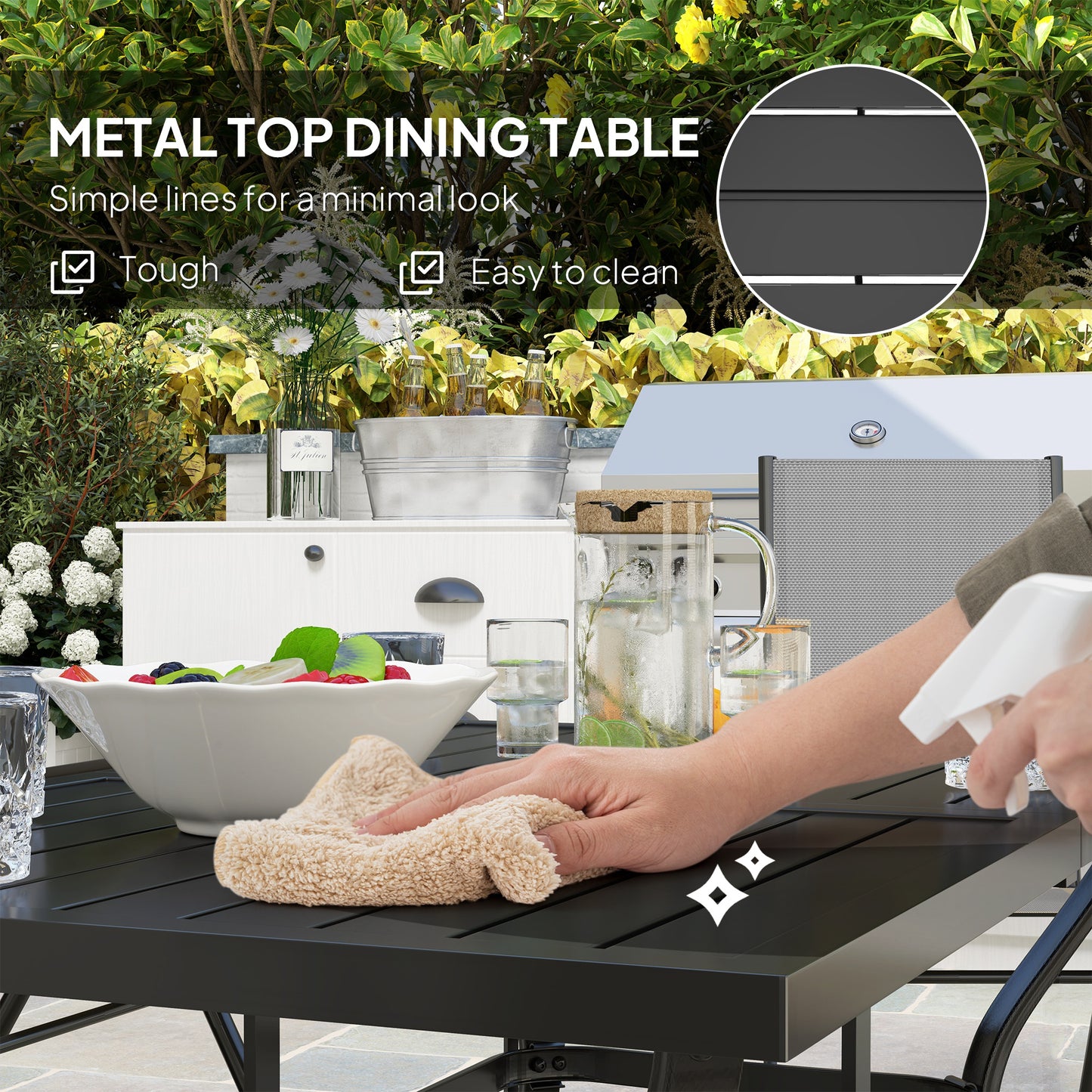 Seven-Piece Steel Outdoor Dining Set, with Parasol Hole