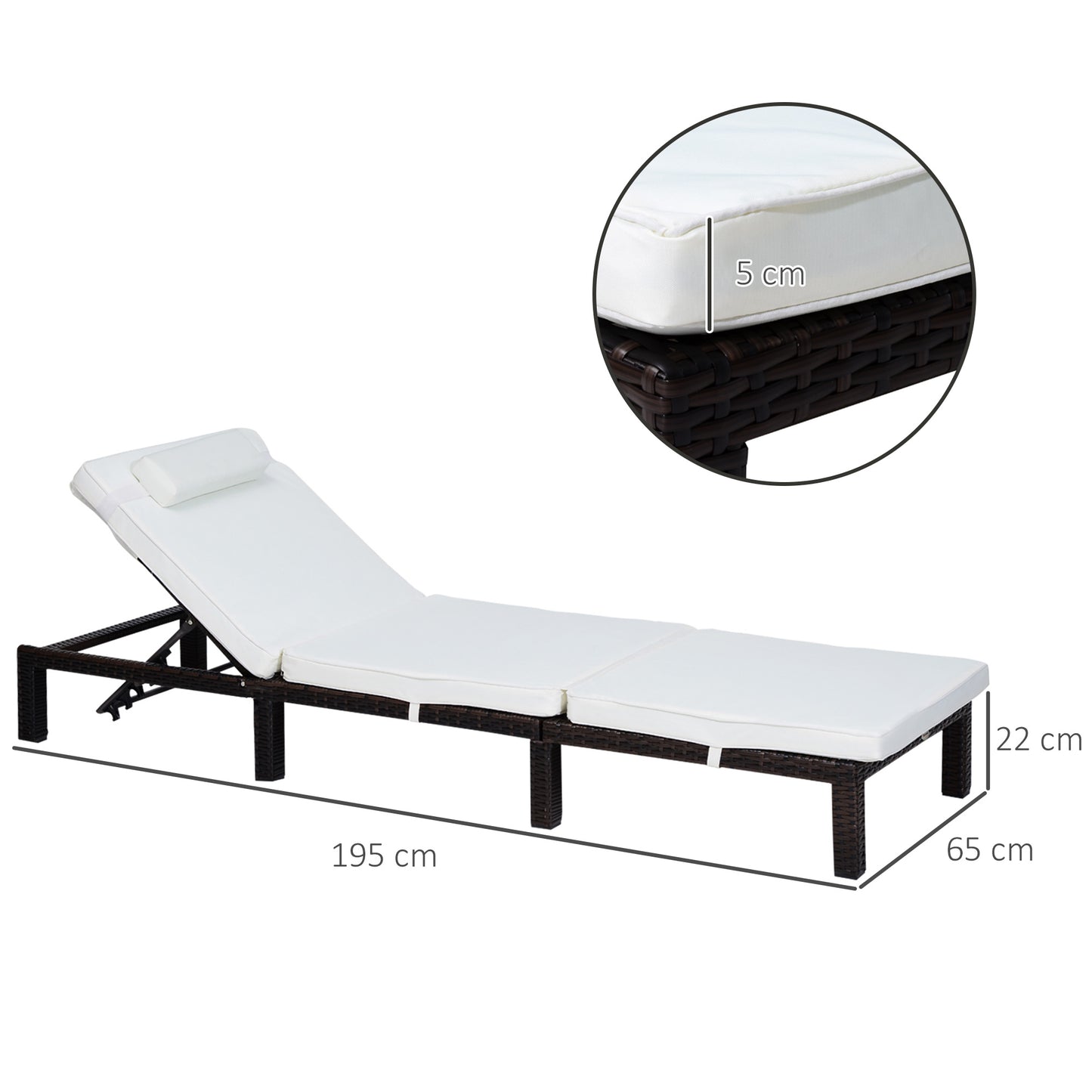 Rattan Sun Lounger, 5-Level Adjustable Garden Lounger Recliner