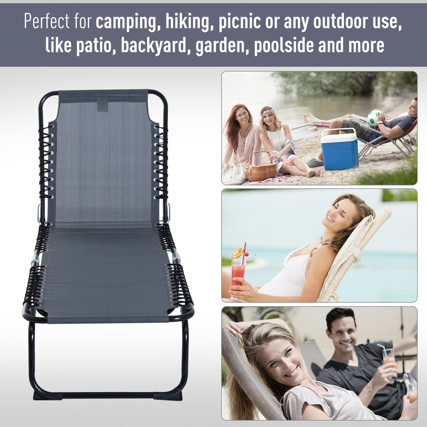 Foldable Sun Lounger, Outdoor 4 Level Adjustable Backrest Reclining