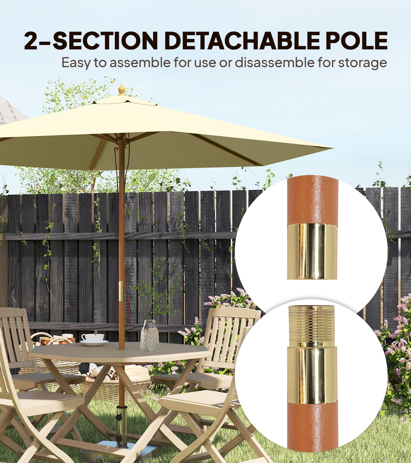 2.5m Wood Garden Parasol Sun Shade Patio Outdoor Wooden Umbrella