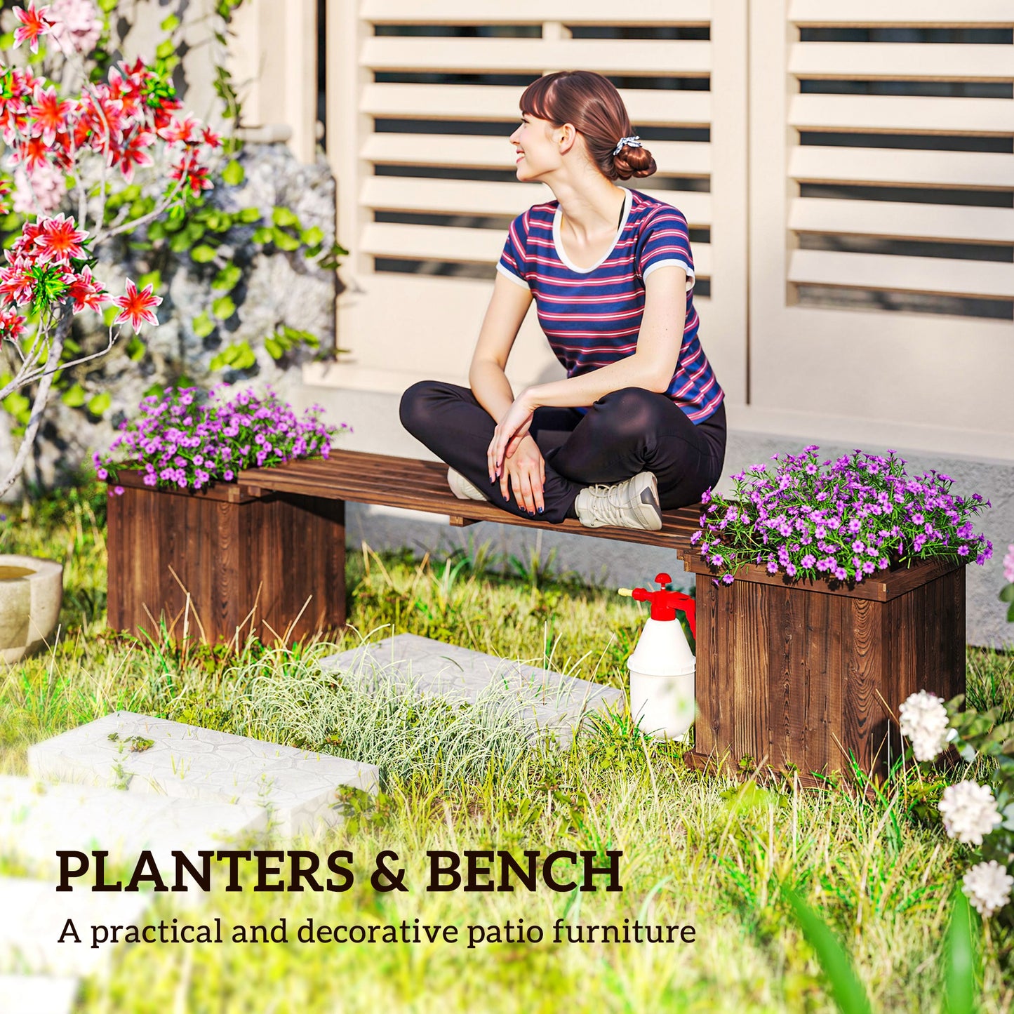 Wooden Garden Planter & Bench Combination Garden Raised Bed Patio