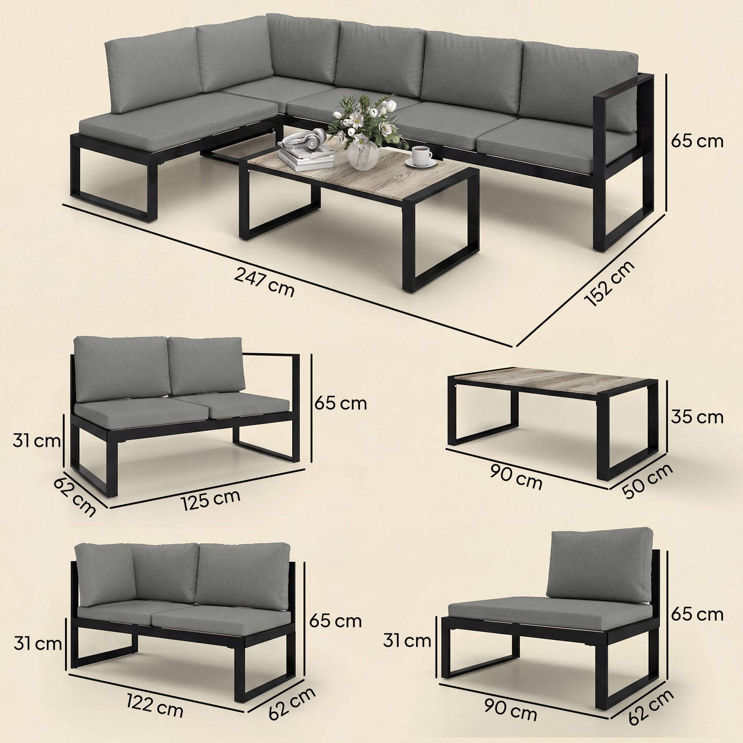 4 Piece Garden Furniture Set, Garden Sofa Set with 2 Loveseats
