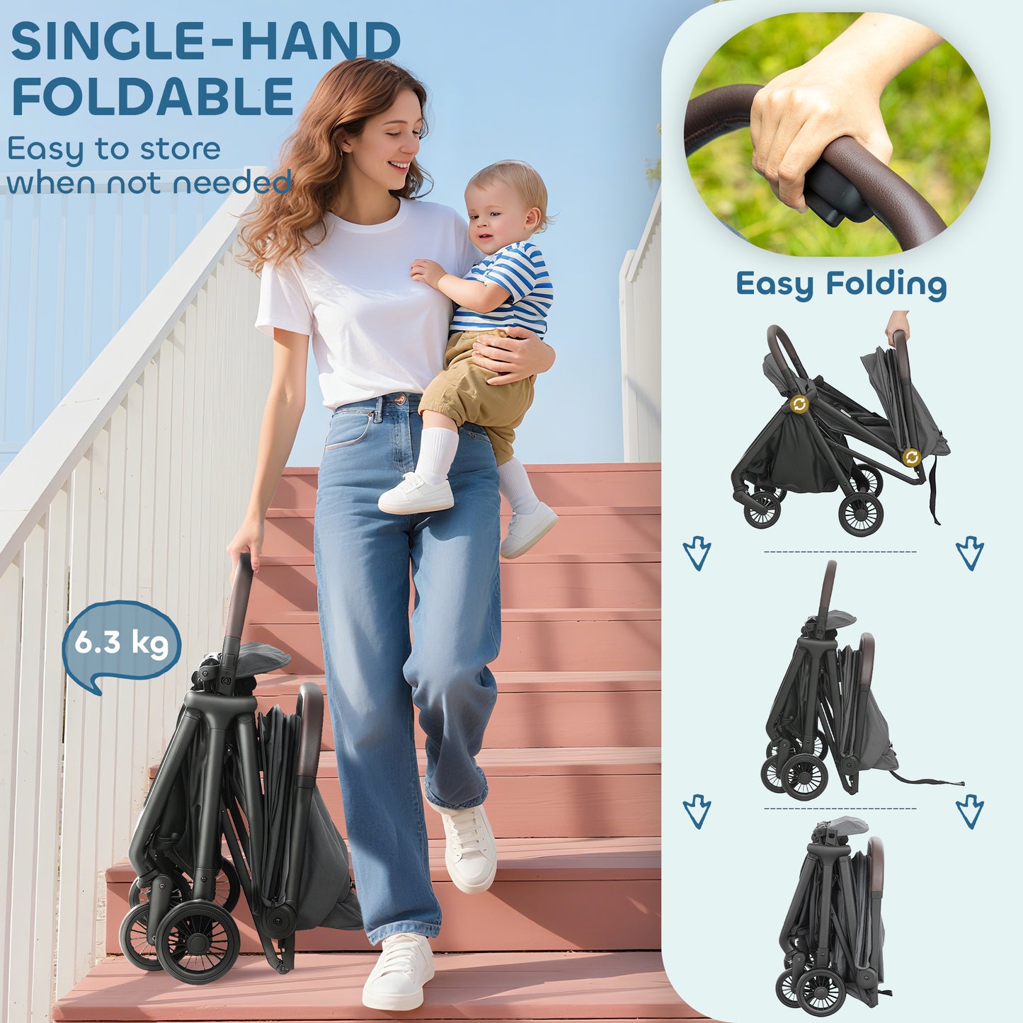Foldable Baby Stroller with Adjustable Seat, 5-Point Harness, Canopy