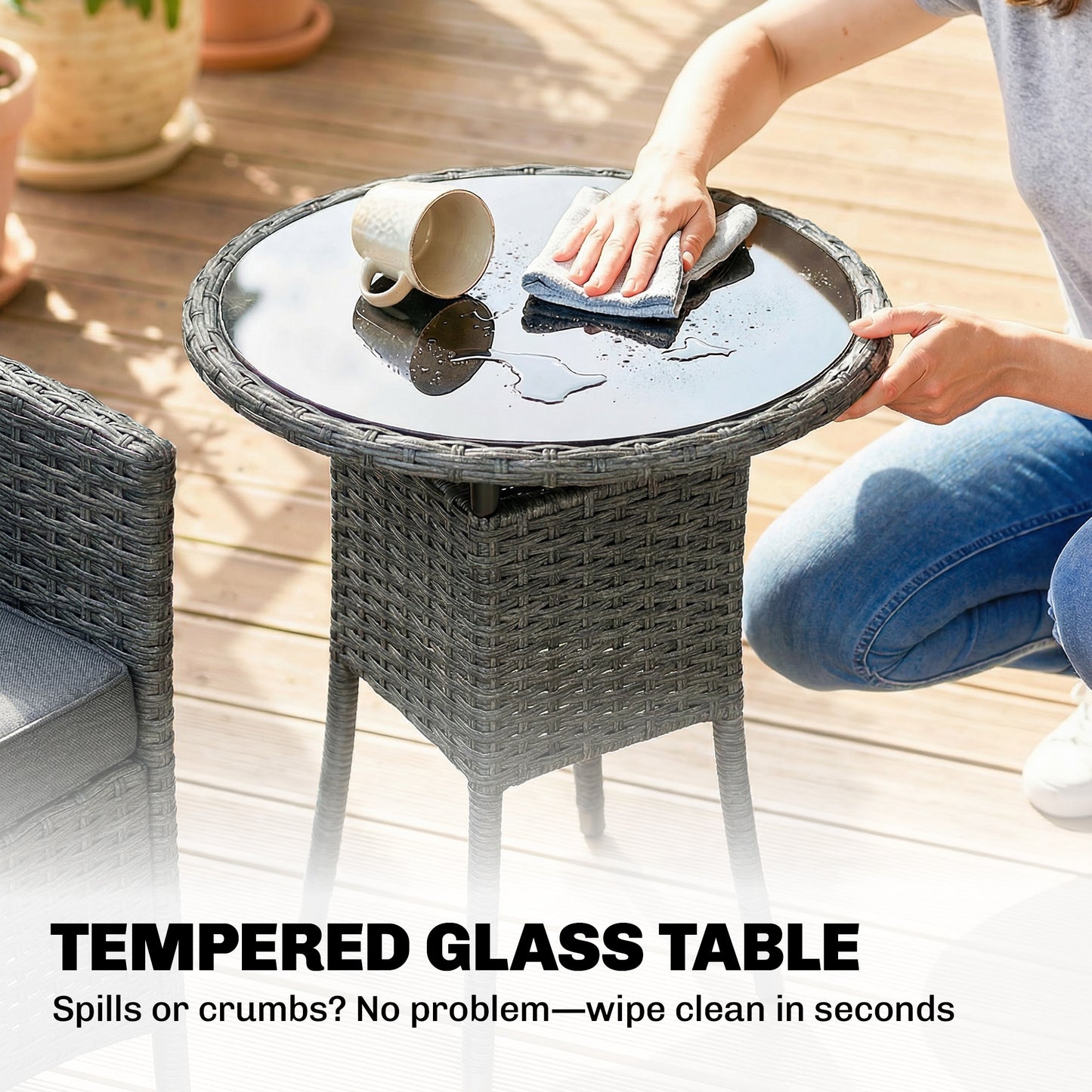 Rattan Bistro Set, Reclining Garden Chairs and Glass Coffee Table