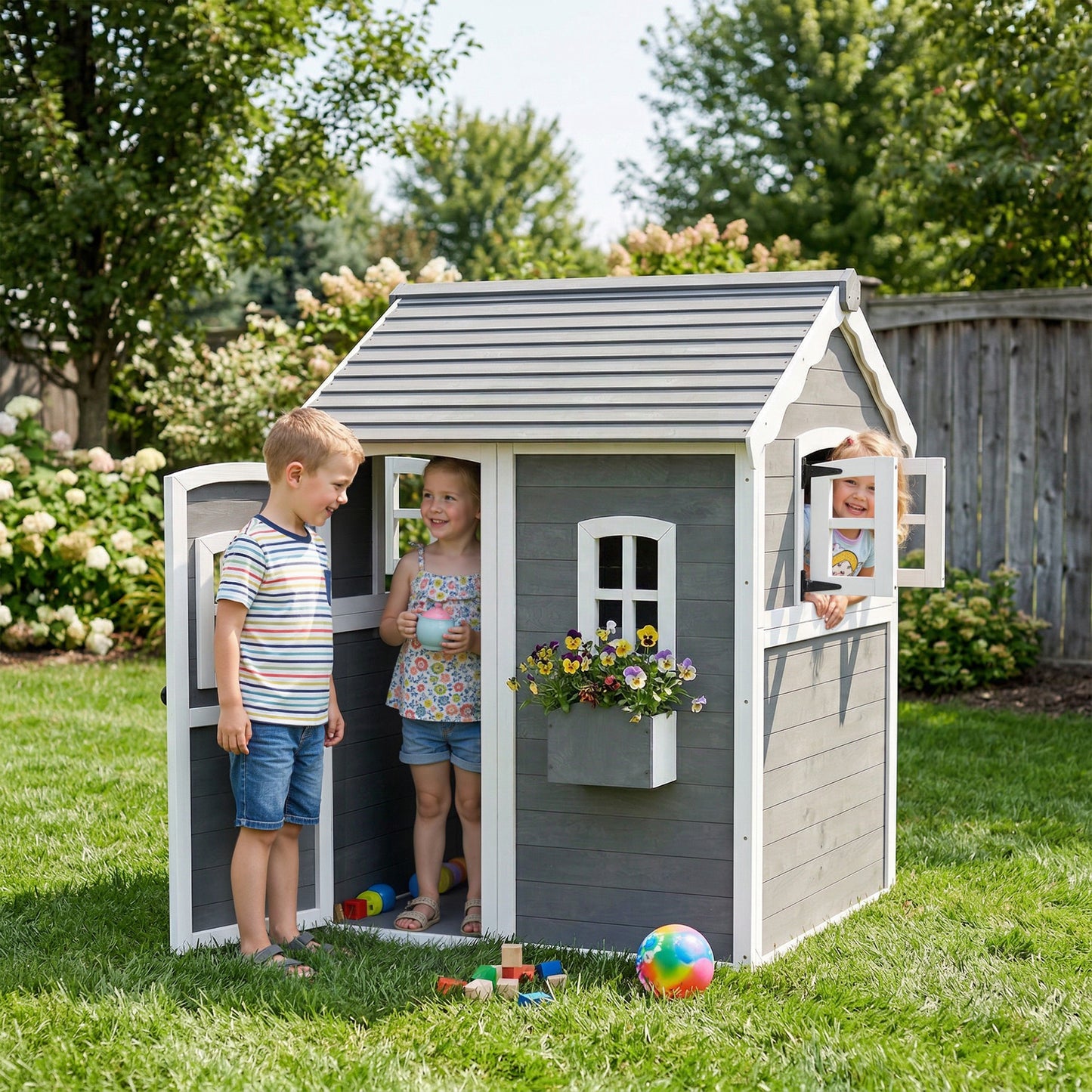 Wooden Playhouse for Kids with Doors, Windows, Plant Box, Floors
