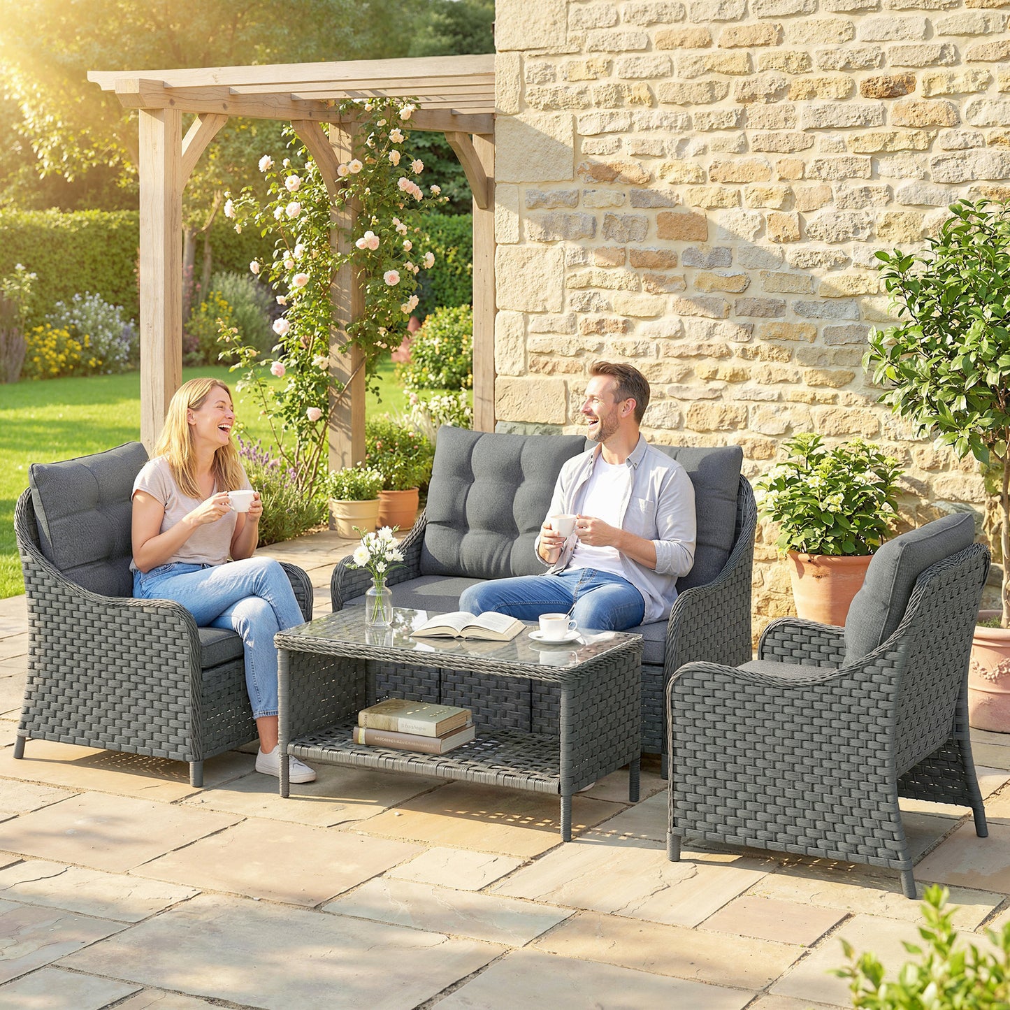4-Piece Wicker Patio Furniture Set with 2 Armchairs, Loveseat
