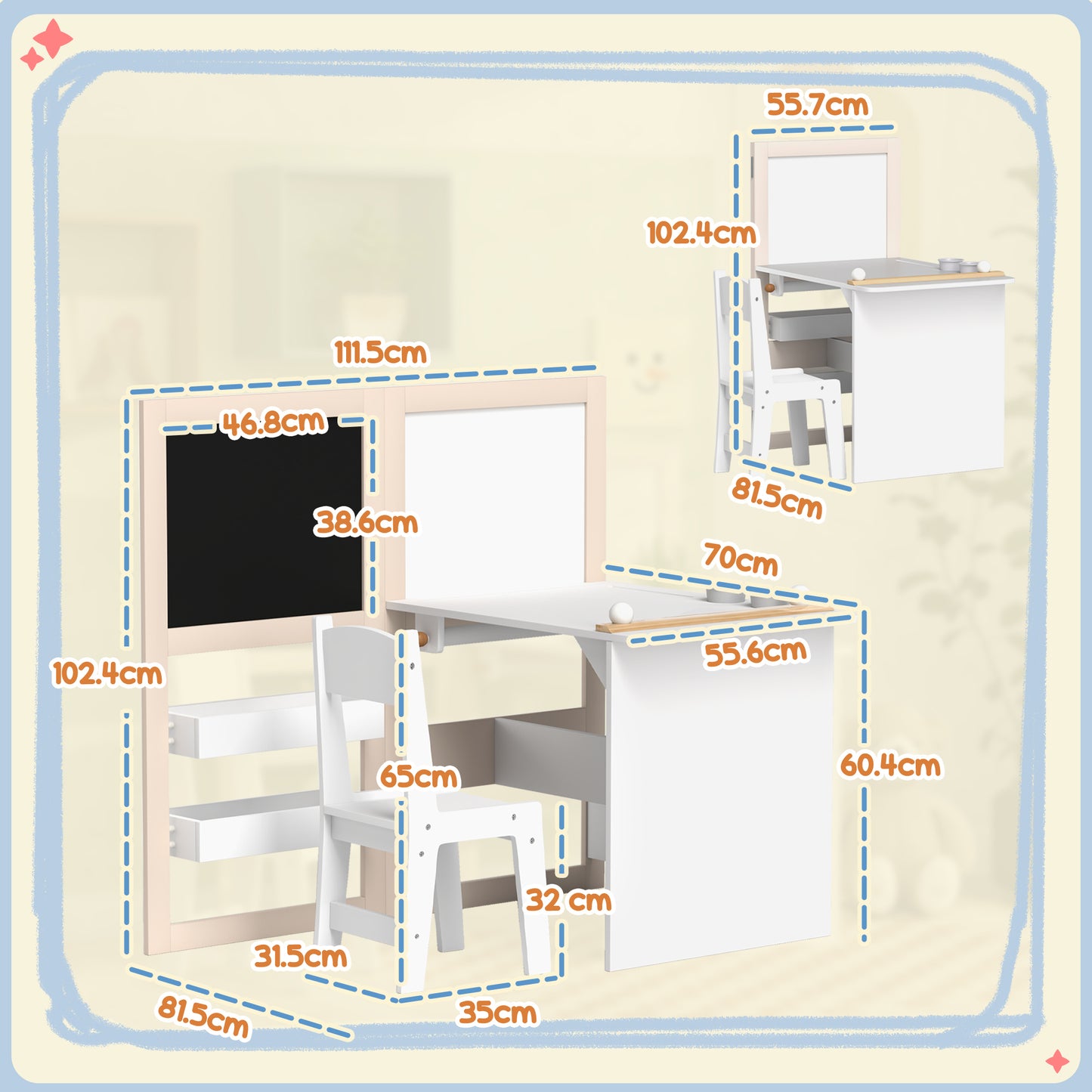 3 in 1 Kids Table and Chair Set with Storage, Whiteboard