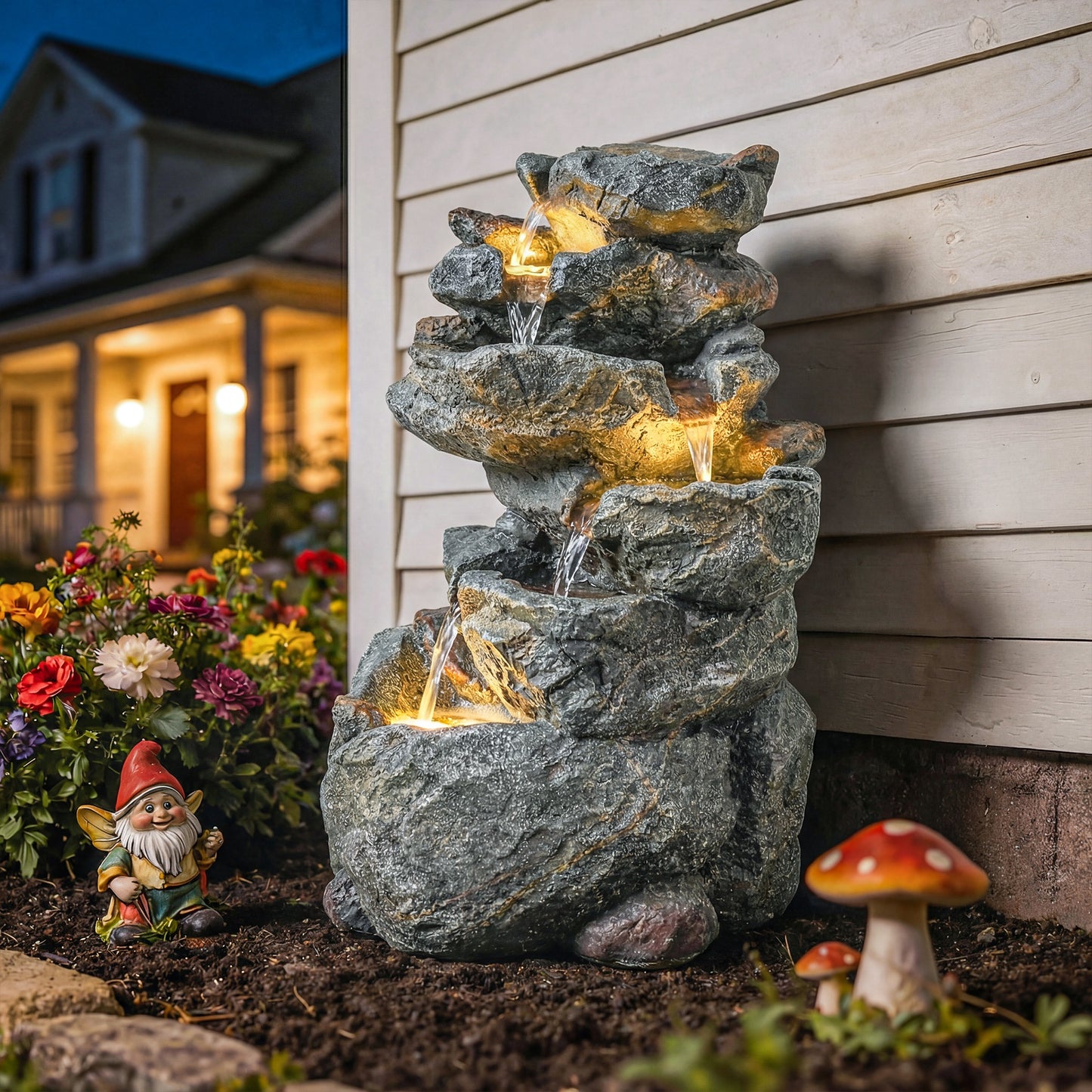 Outdoor Water Fountain with 6-Tier Rock Style